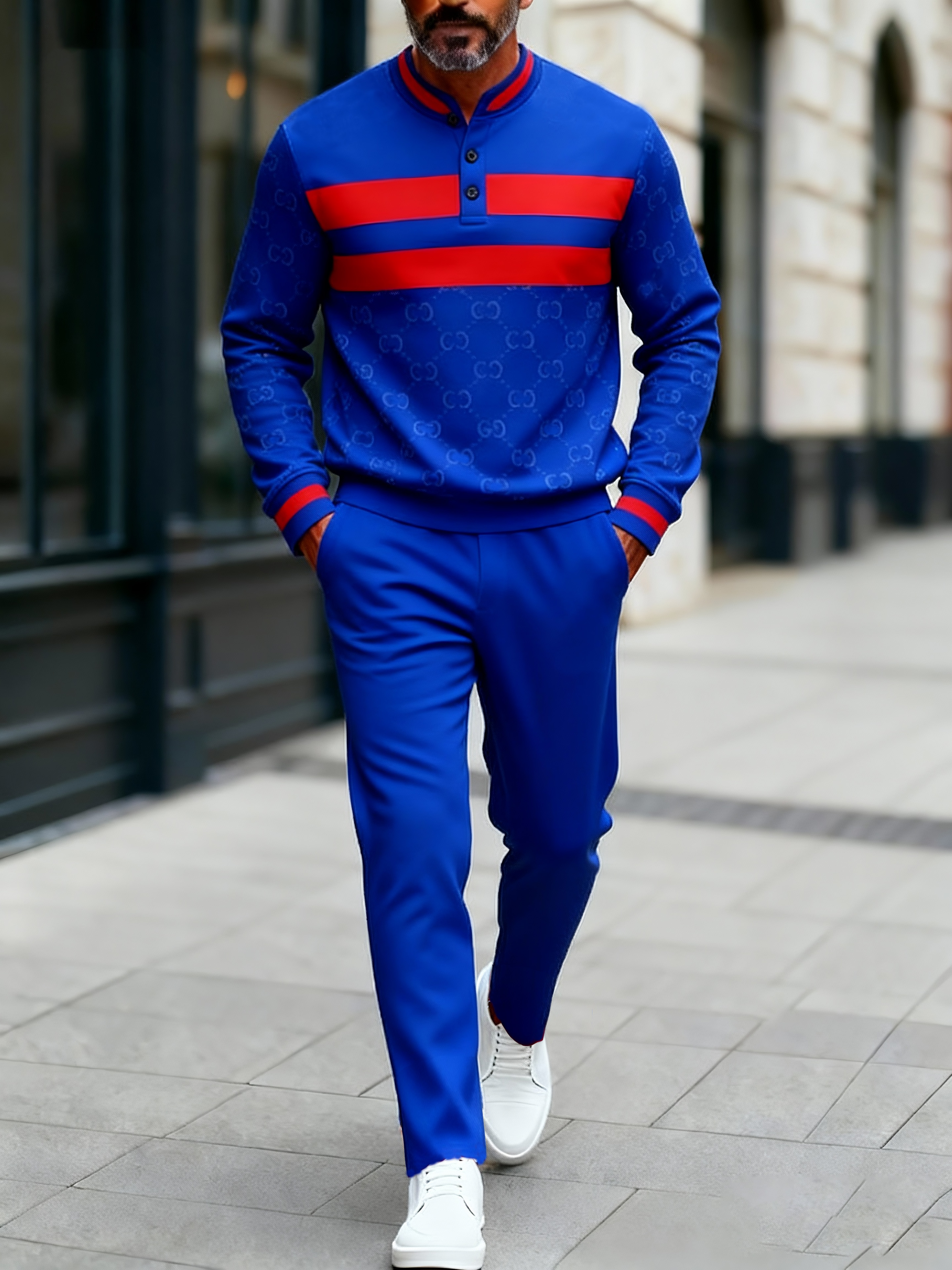 Men's Fashion Casual Geometric Print Long Sleeve Button Design Two-Piece Set