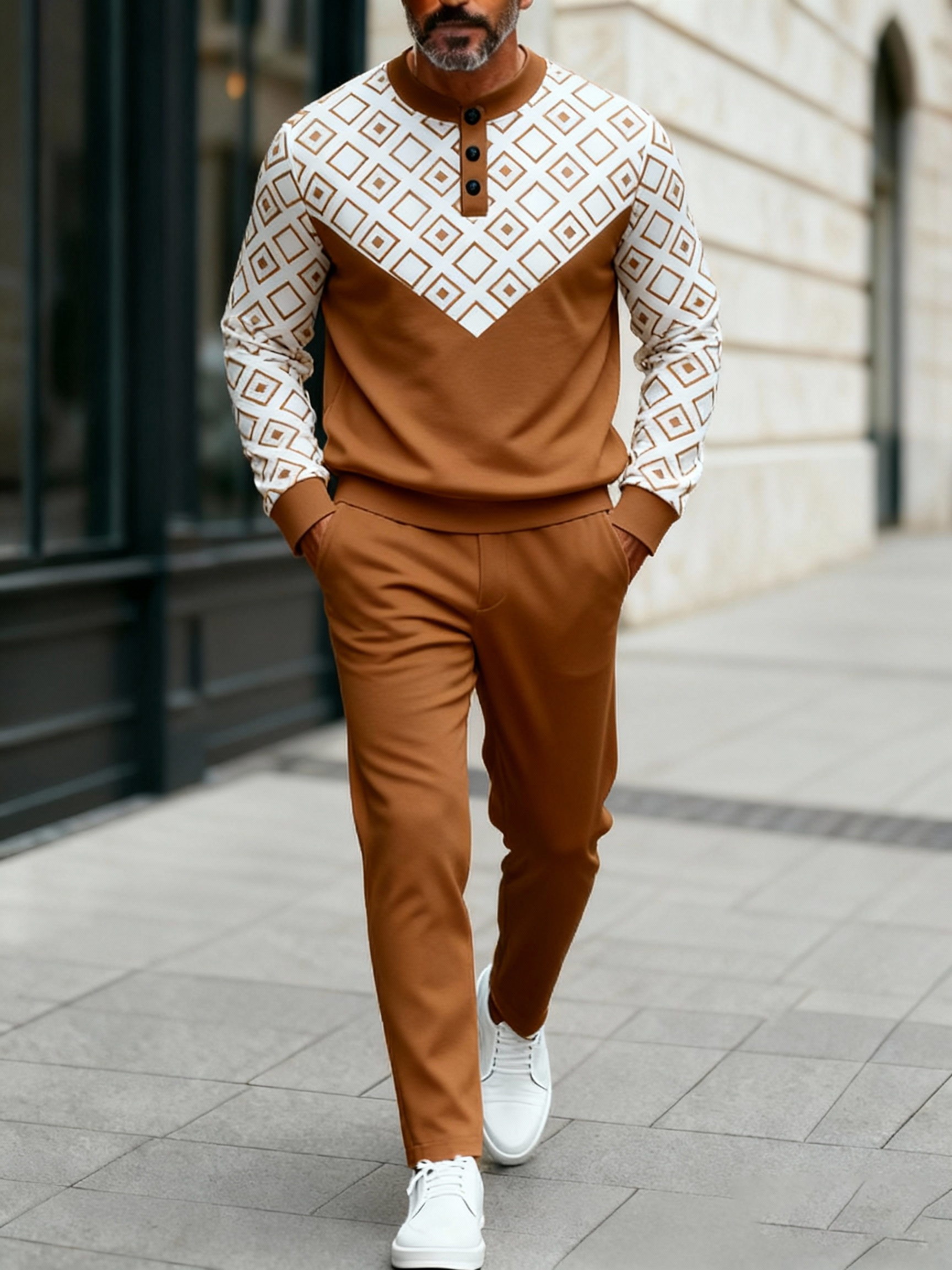 Men's Fashion Casual Geometric Print Long Sleeve Button Design Two-Piece Set