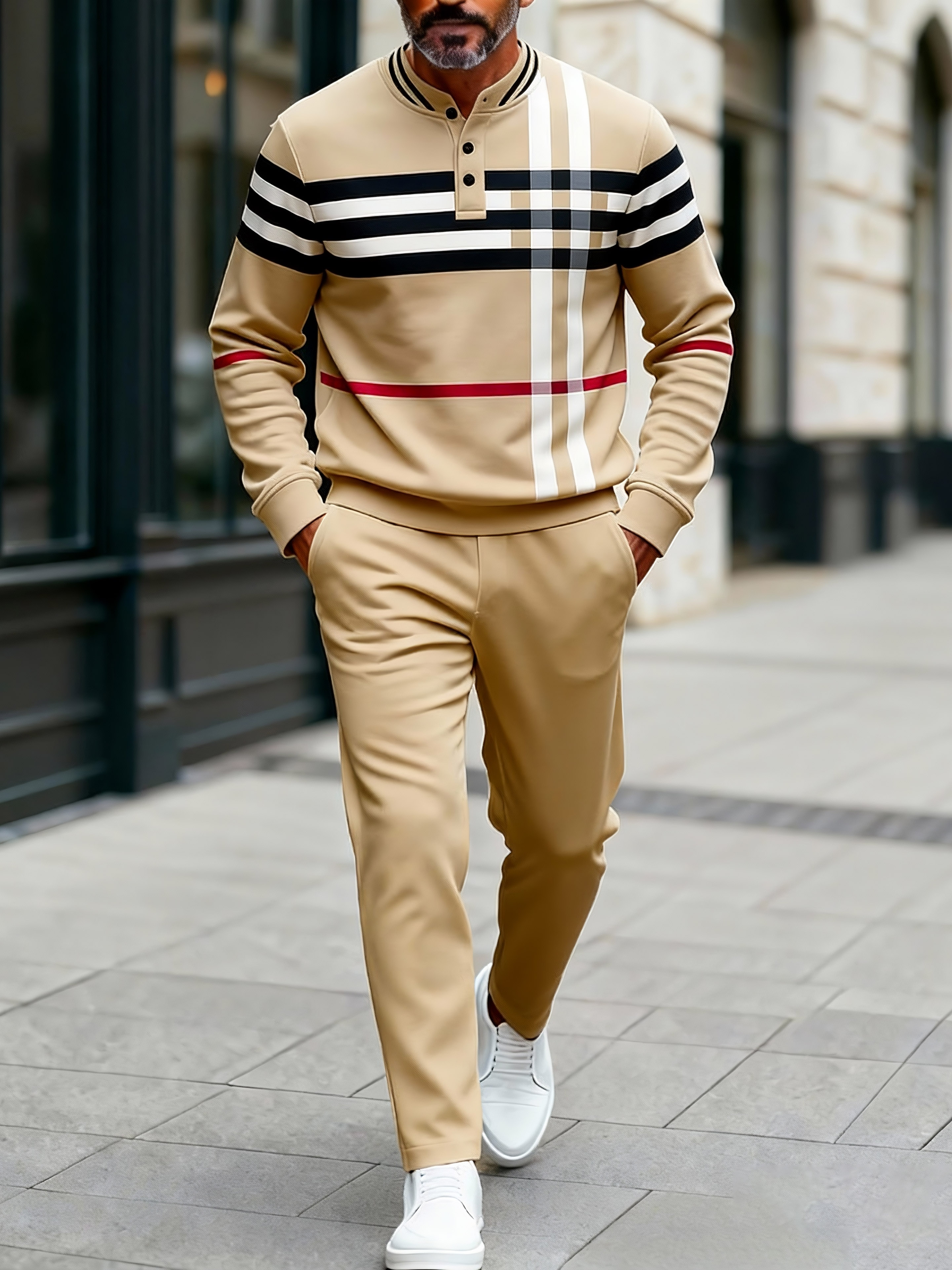 Men's Fashion Casual Geometric Print Long Sleeve Button Design Two-Piece Set