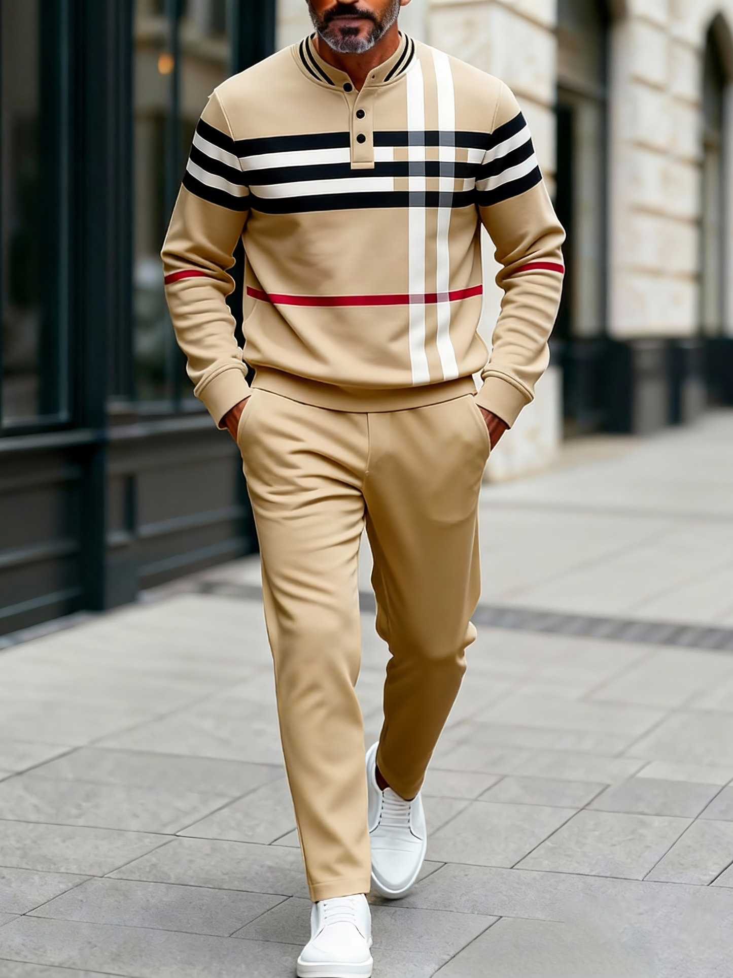 Men's Fashion Casual Geometric Print Long Sleeve Button Design Two-Piece Set