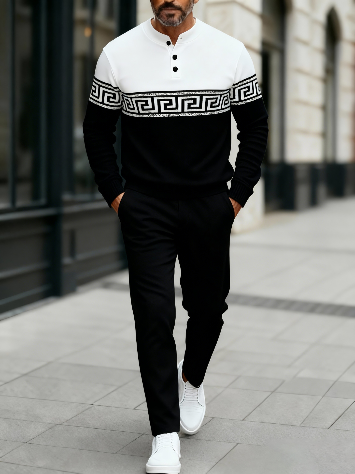 Men's Fashion Casual Geometric Print Long Sleeve Button Design Two-Piece Set