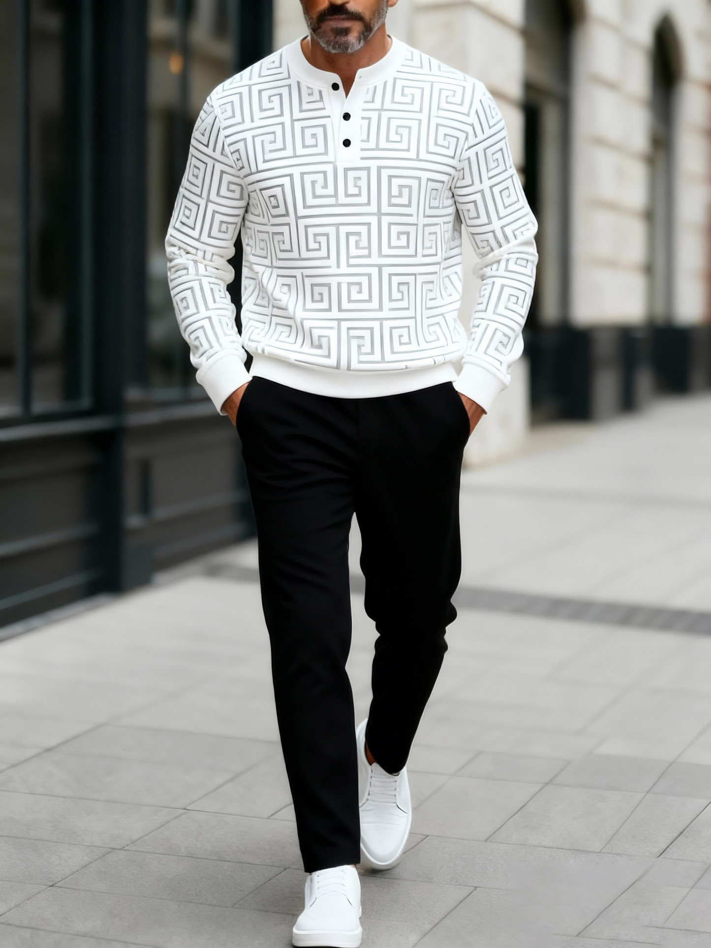 Men's Fashion Casual Geometric Print Long Sleeve Button Design Two-Piece Set