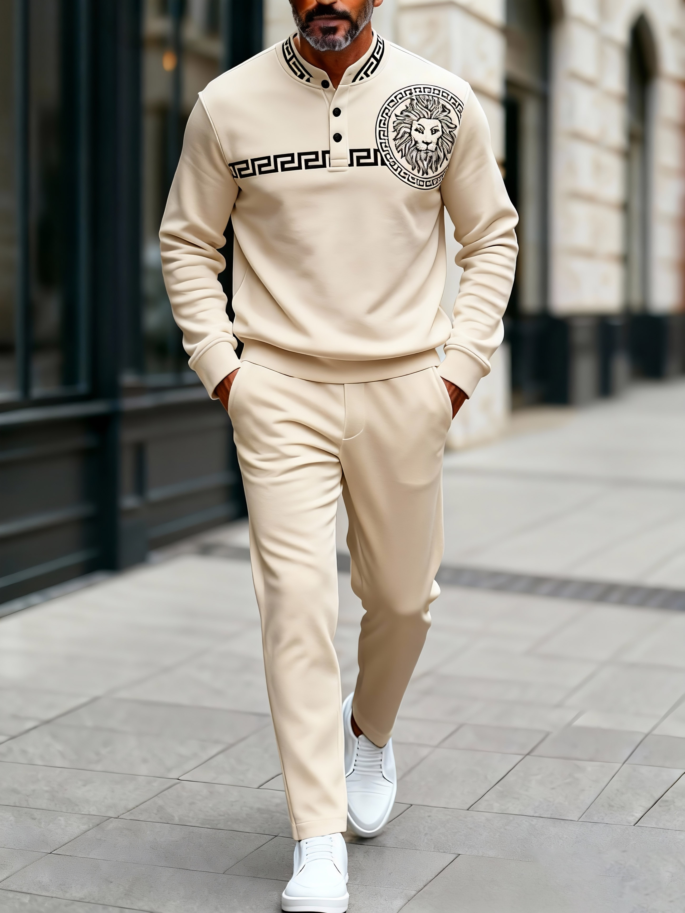 Men's Fashion Casual Geometric Print Long Sleeve Button Design Two-Piece Set