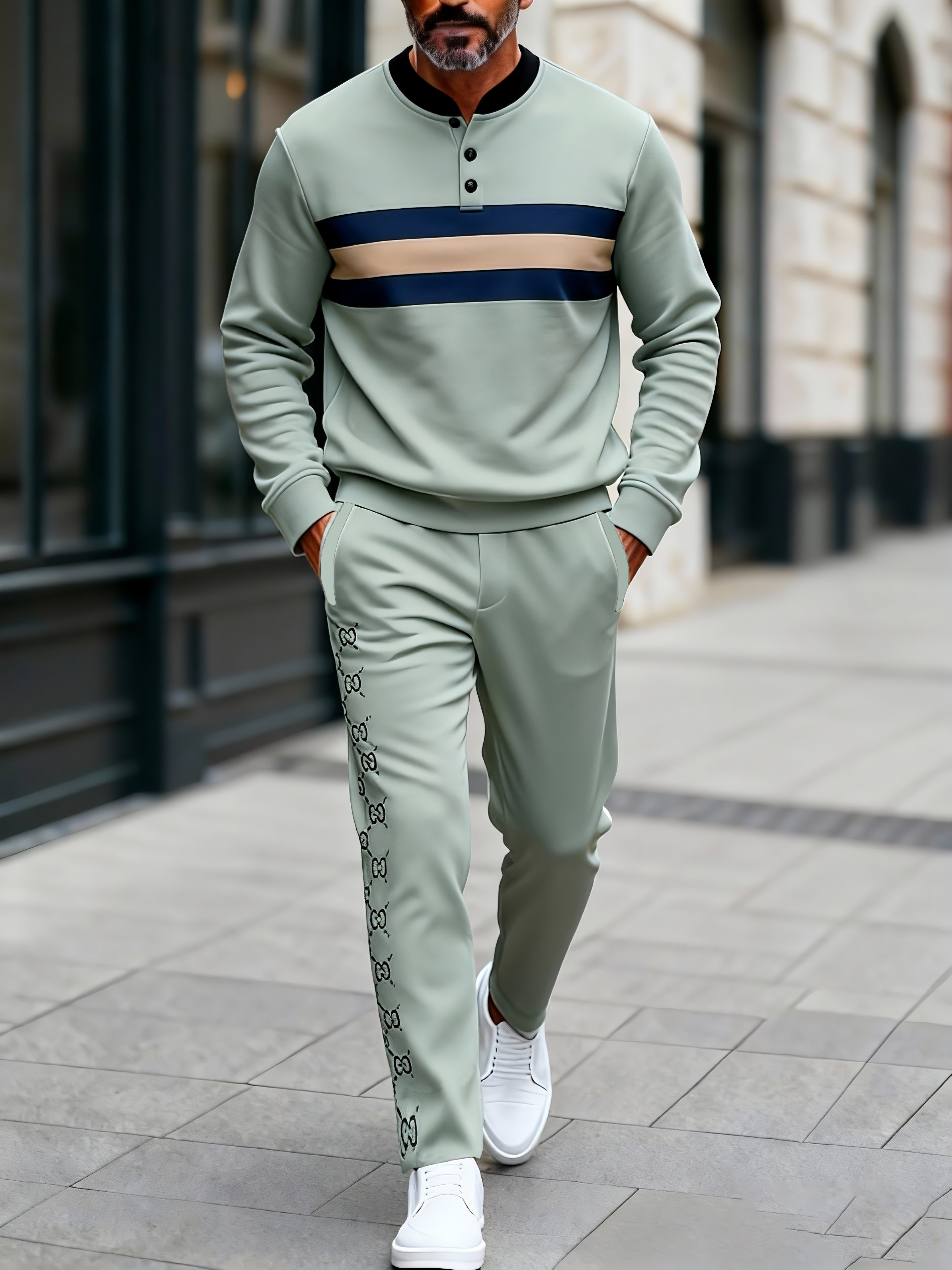 Men's Fashion Casual Geometric Print Long Sleeve Button Design Two-Piece Set