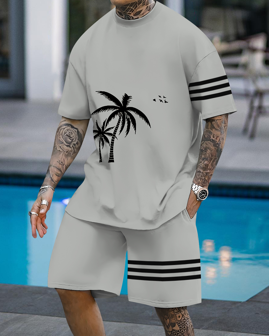 Men's fashion casual color matching printed short-sleeved two-piece set