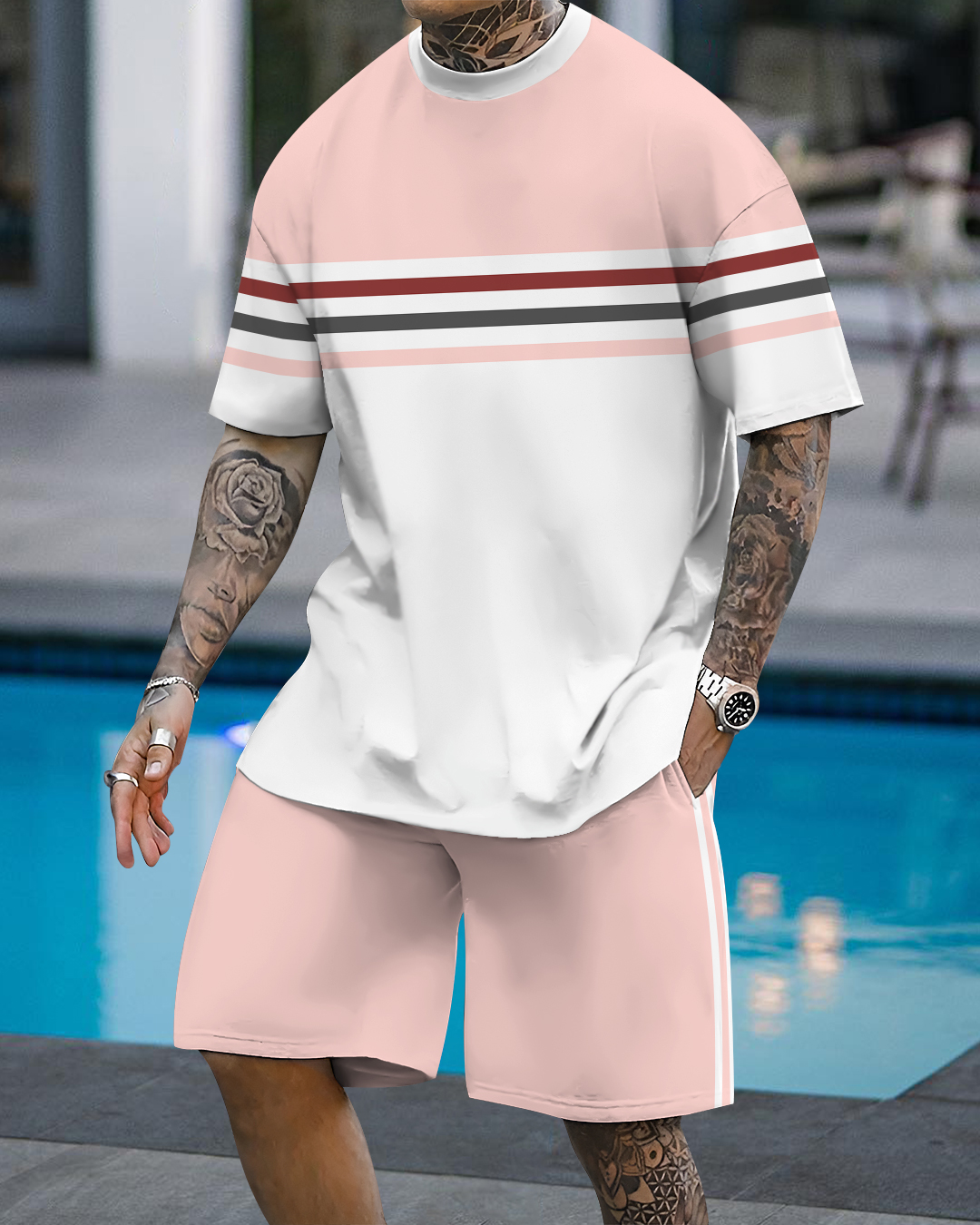 Men's fashion casual color matching printed short-sleeved two-piece se