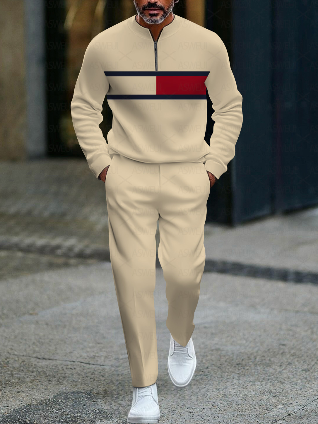 Men's fashionable casual business color-block round-neck zipper long-sleeve two-piece set