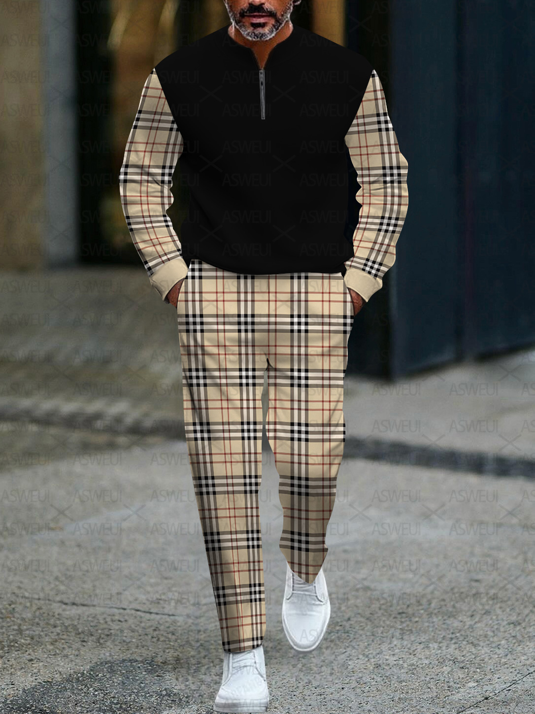 Men's fashionable casual business color-block round-neck zipper long-sleeve two-piece set