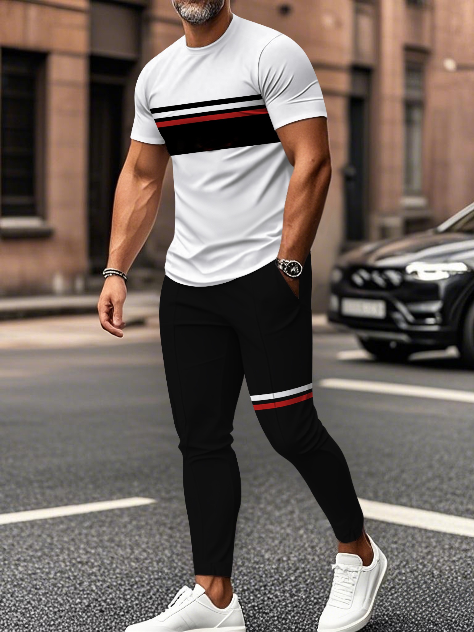 Men's fashion casual color matching striped printed short sleeved trousers two-piece set