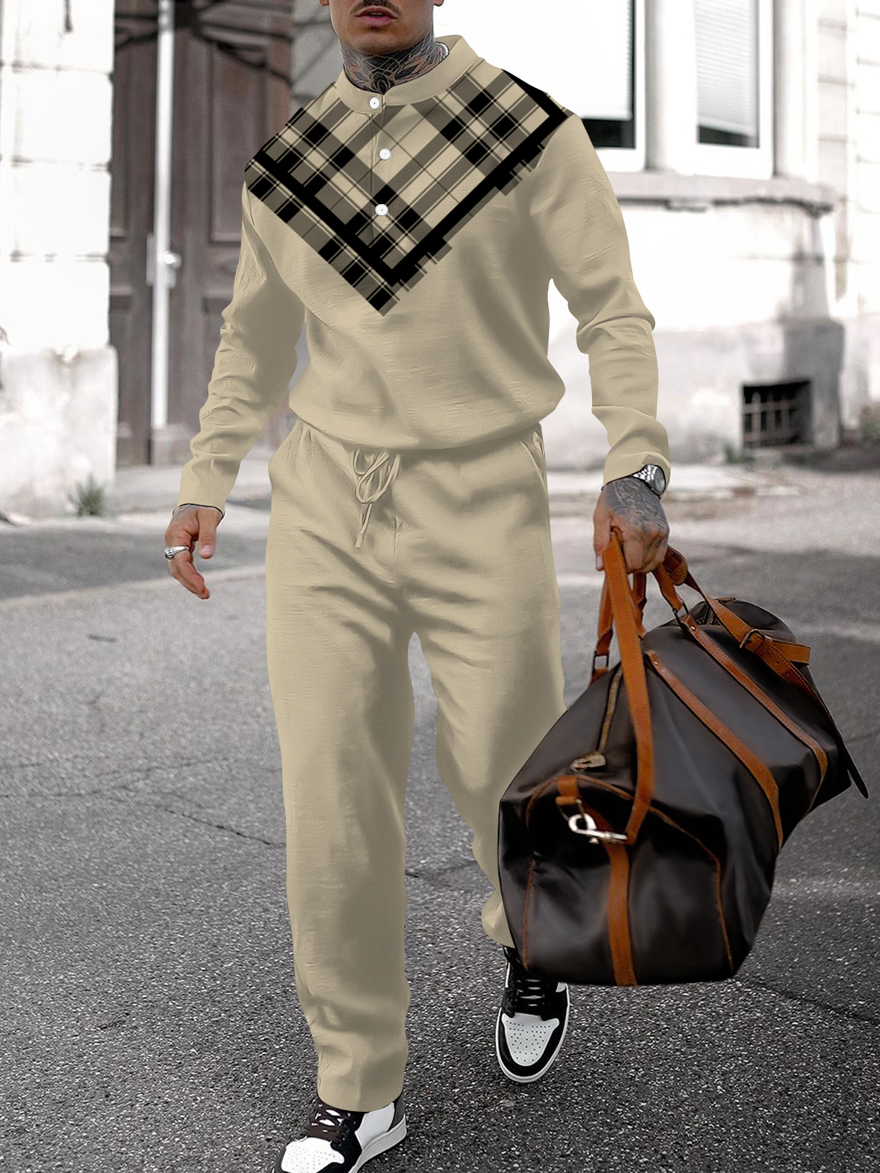 Men's fashion casual geometric print long sleeve two-piece set