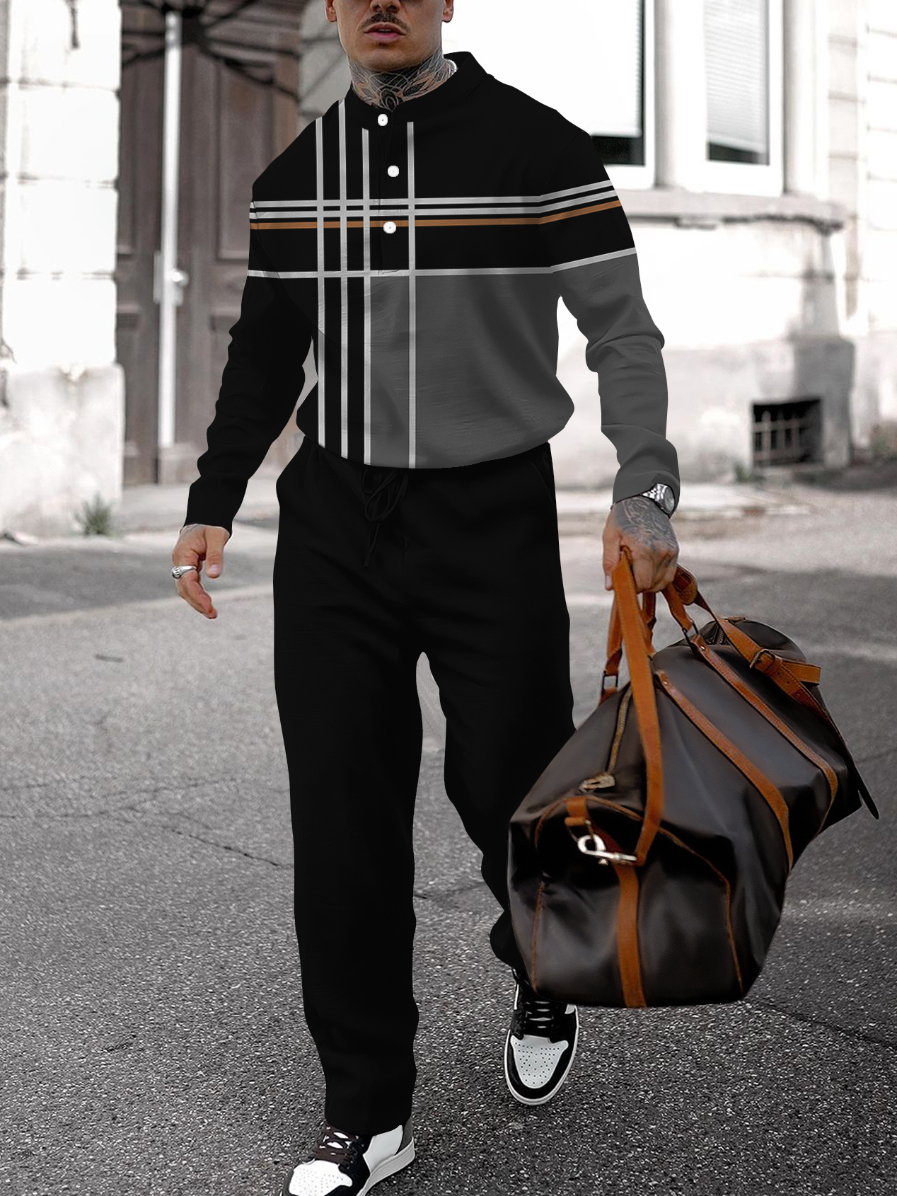 Men's fashion casual geometric print long sleeve two-piece set