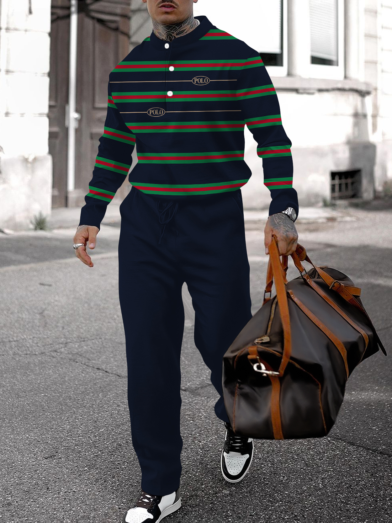 Men's fashion casual geometric print long sleeve two-piece set