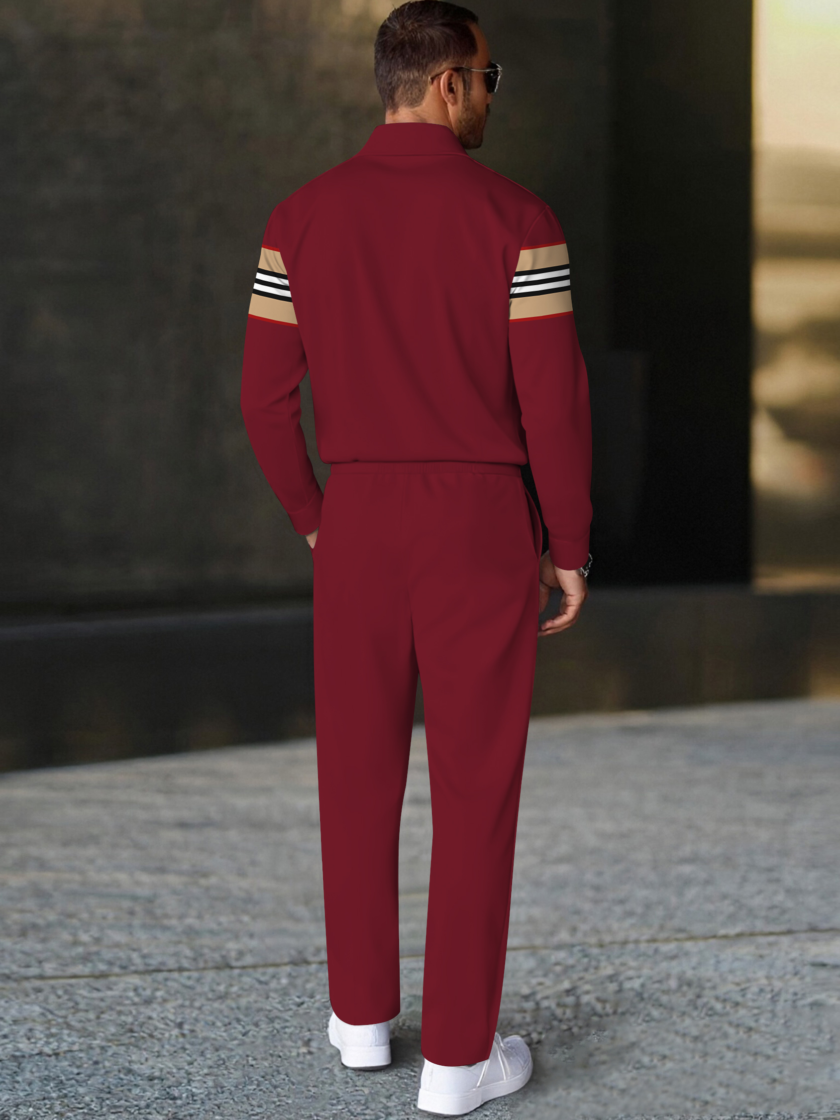 Men's fashion casual geometric print long sleeve zipper polo two-piece set