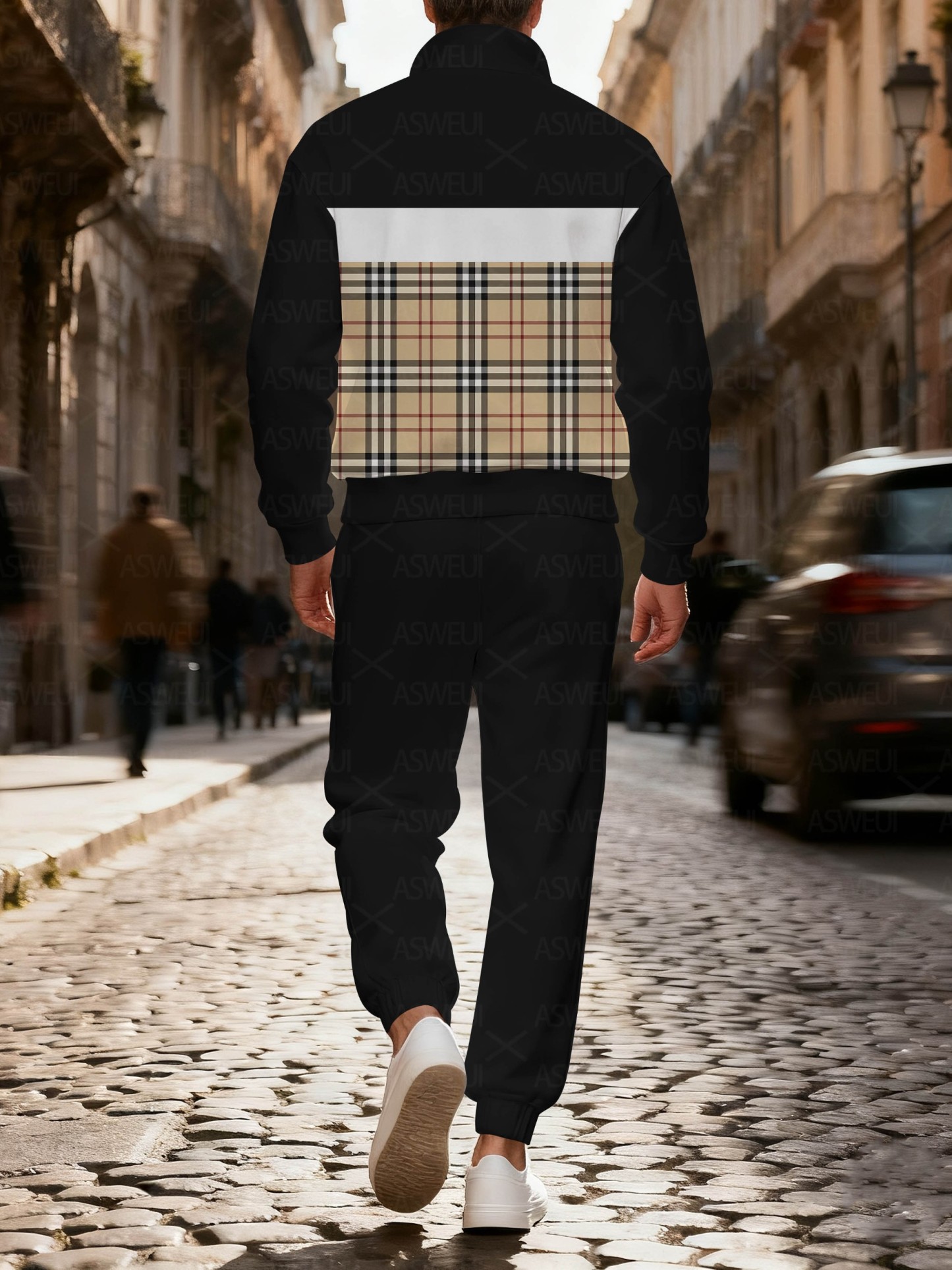 Men's fashionable black geometric print zipper long-sleeved two-piece set