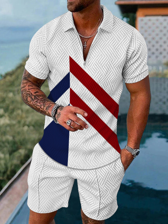 Men's fashion casual geometric print short sleeve polo two-piece set