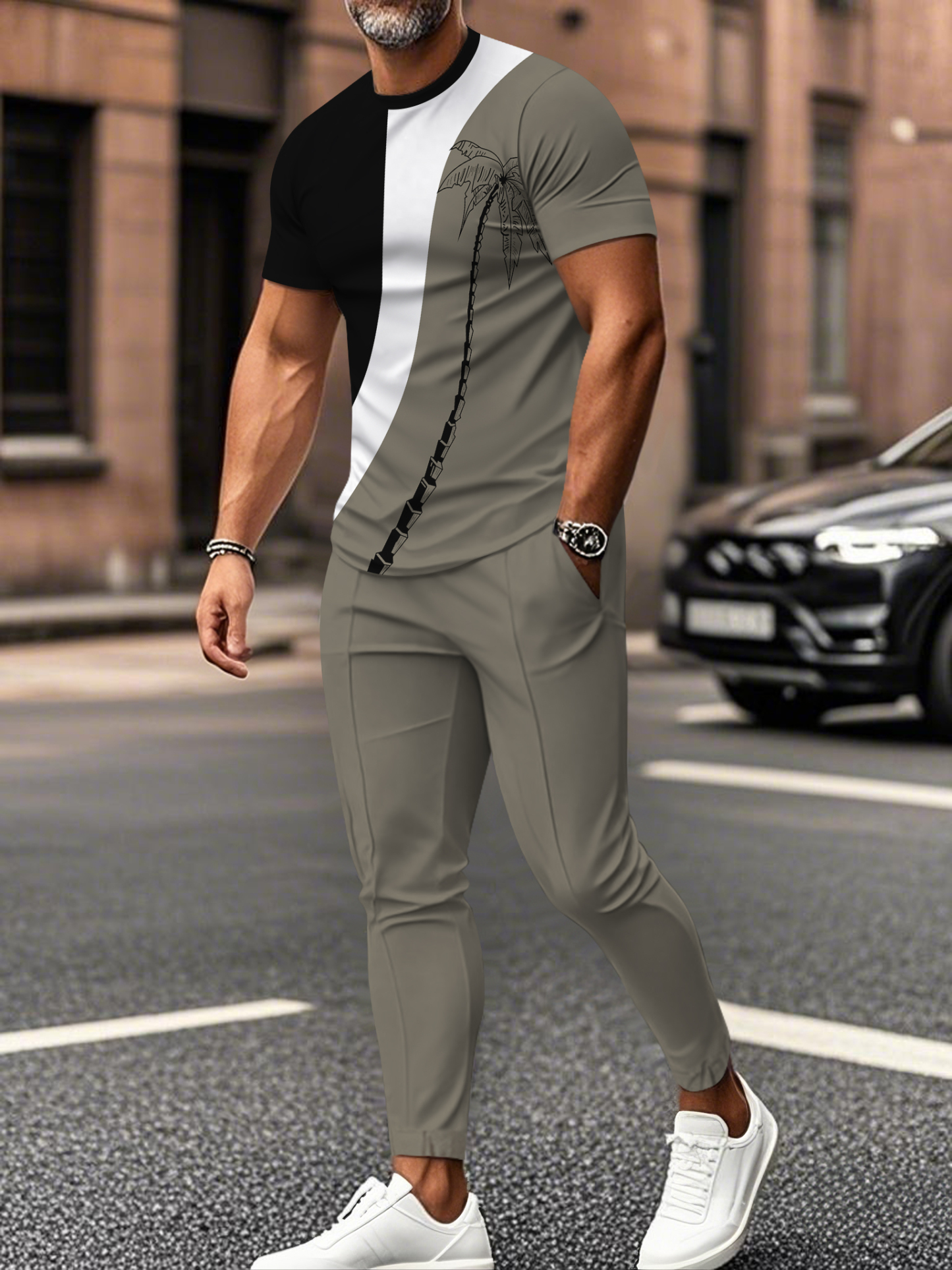 Men's fashion casual color matching striped printed short sleeved trousers two-piece set