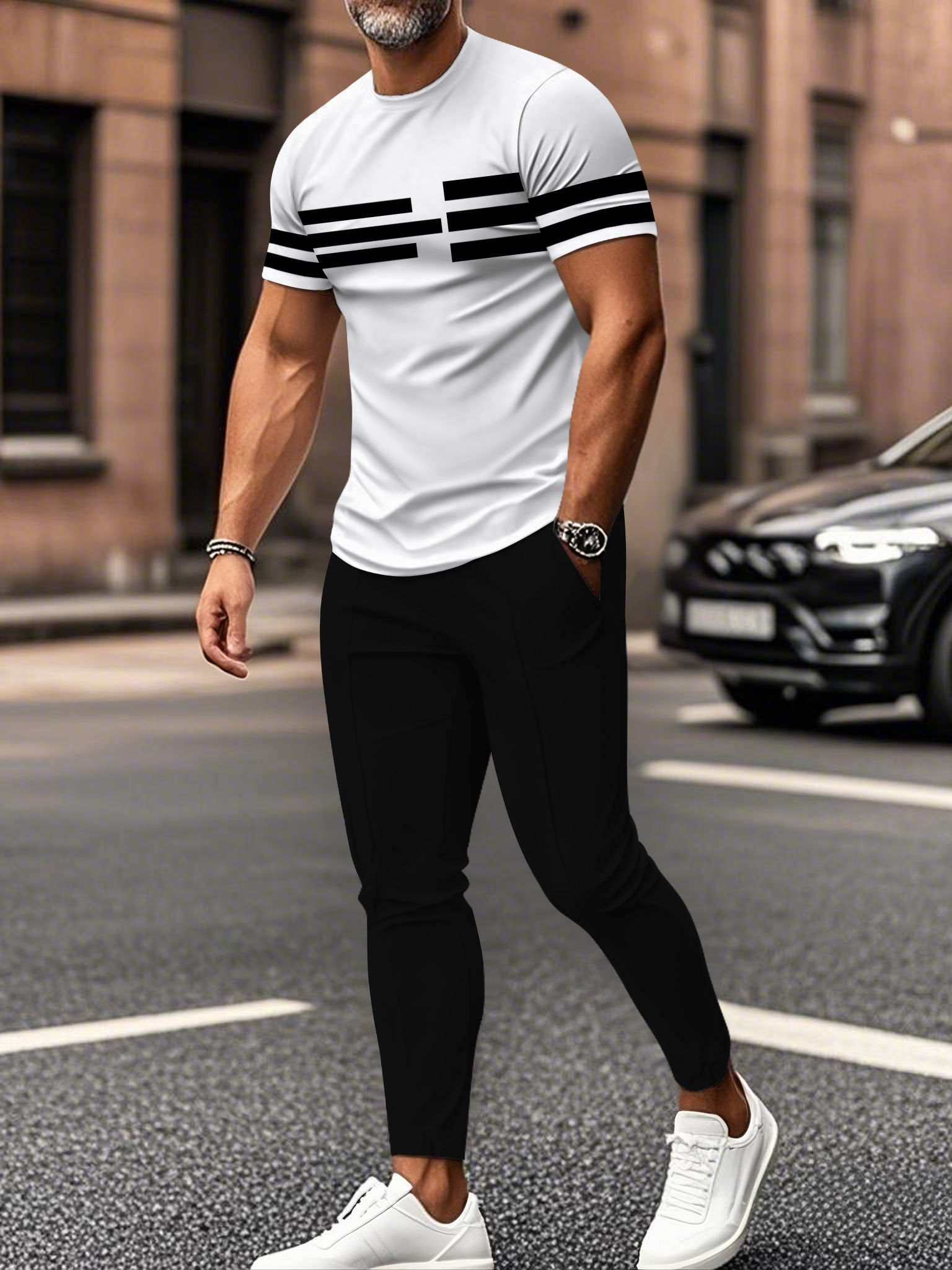 Men's fashion casual color matching striped printed short sleeved trousers two-piece set