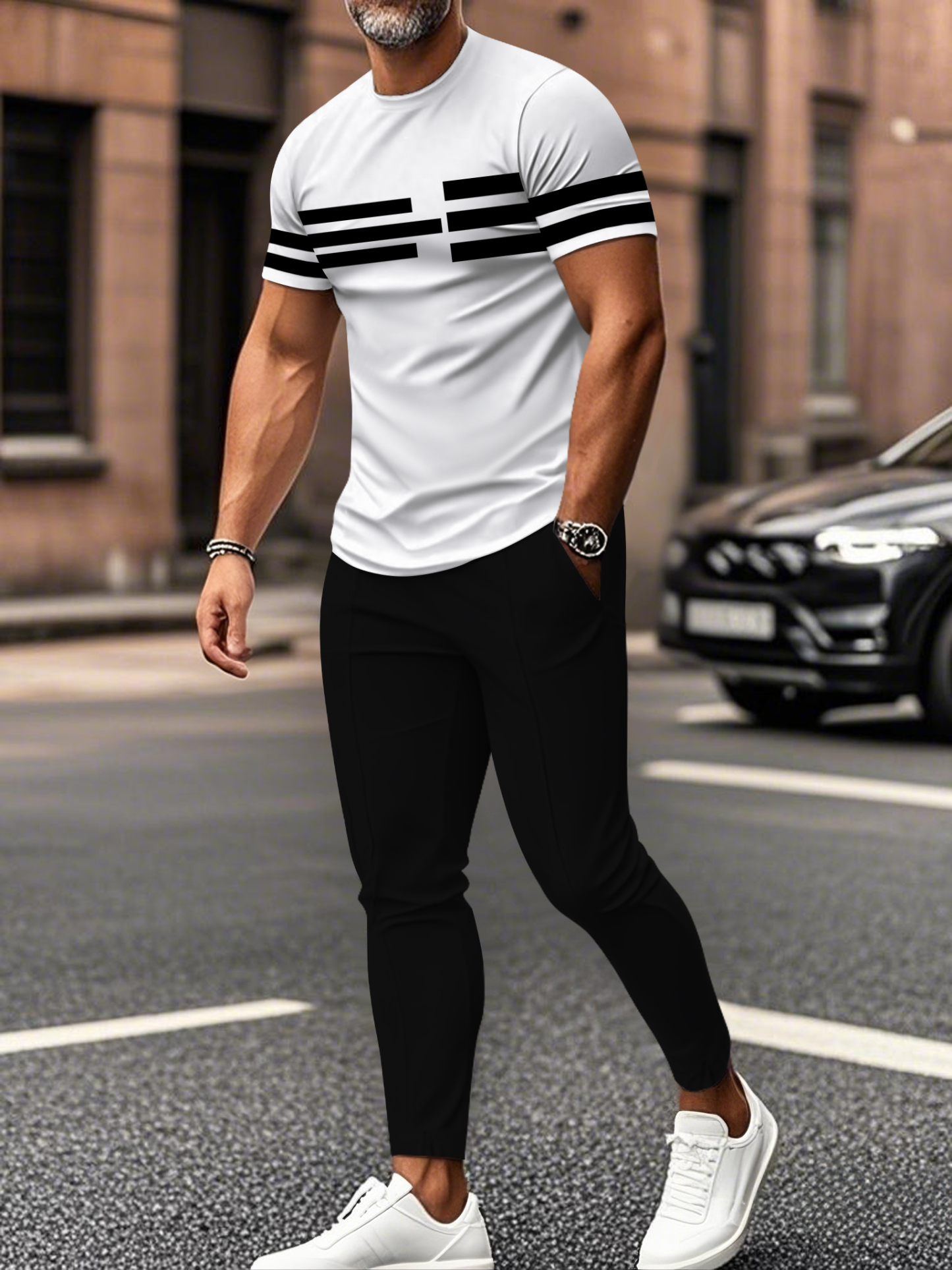 Men's fashion casual color matching striped printed short sleeved trousers two-piece set