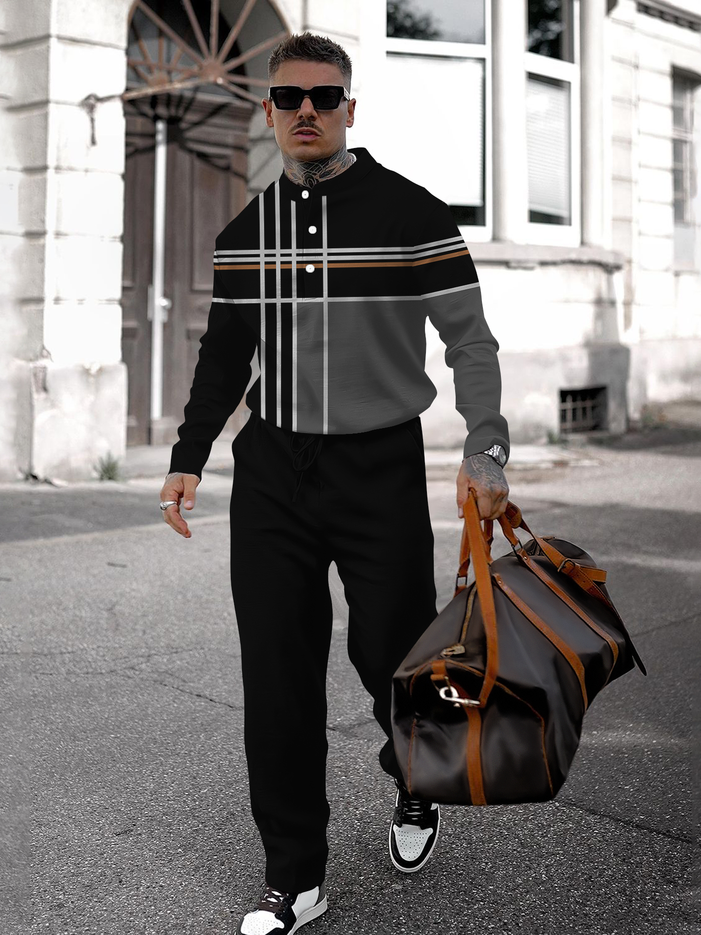 Men's fashion casual geometric print long sleeve two-piece set