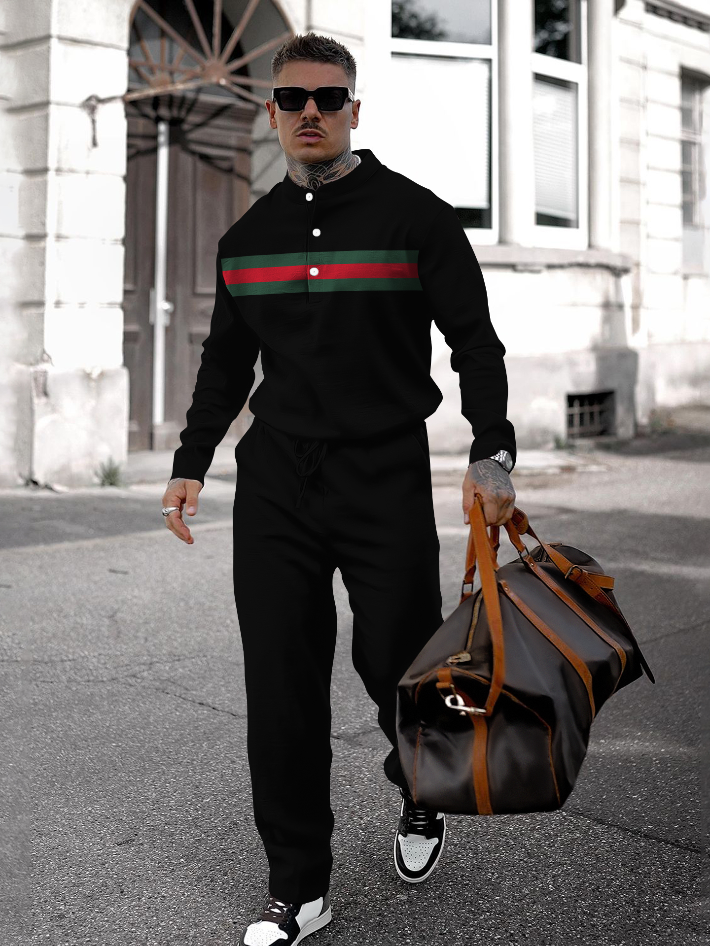 Men's fashion casual geometric print long sleeve two-piece set