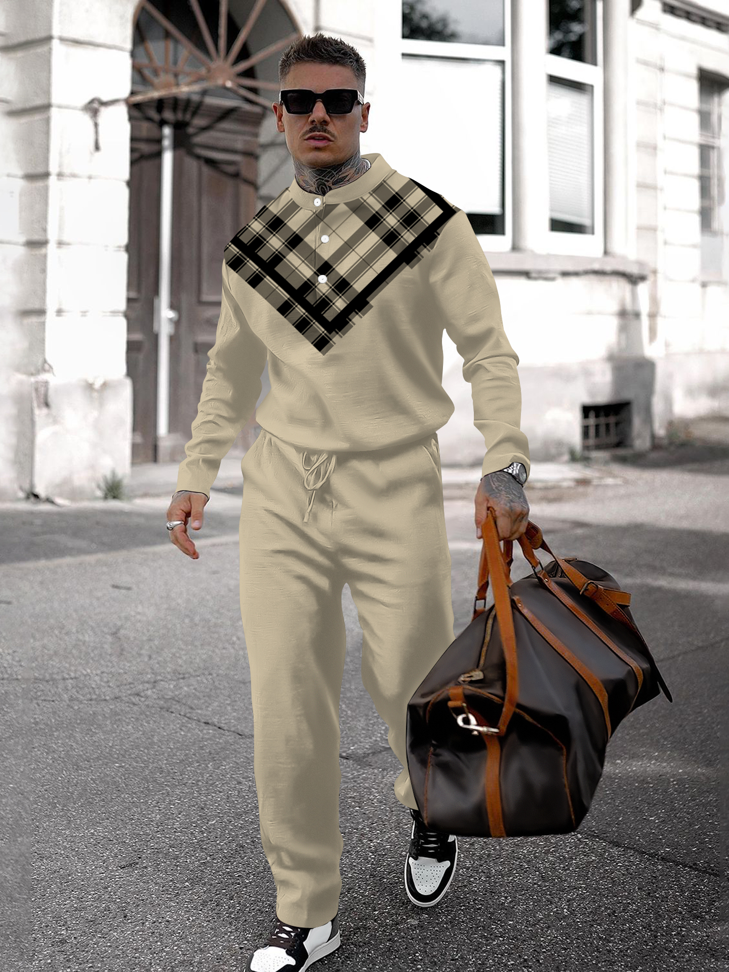 Men's fashion casual geometric print long sleeve two-piece set