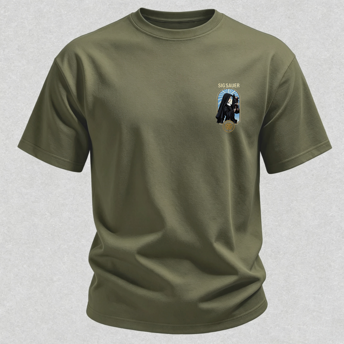 Precision Tactical Arch Window Nun with Rifle Since 1853 Vintage Illustration Cotton Print Men's T-Shirt