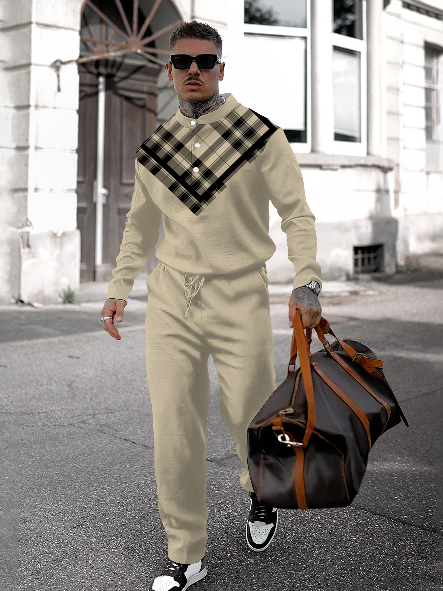 Men's fashion casual geometric print long sleeve two-piece set