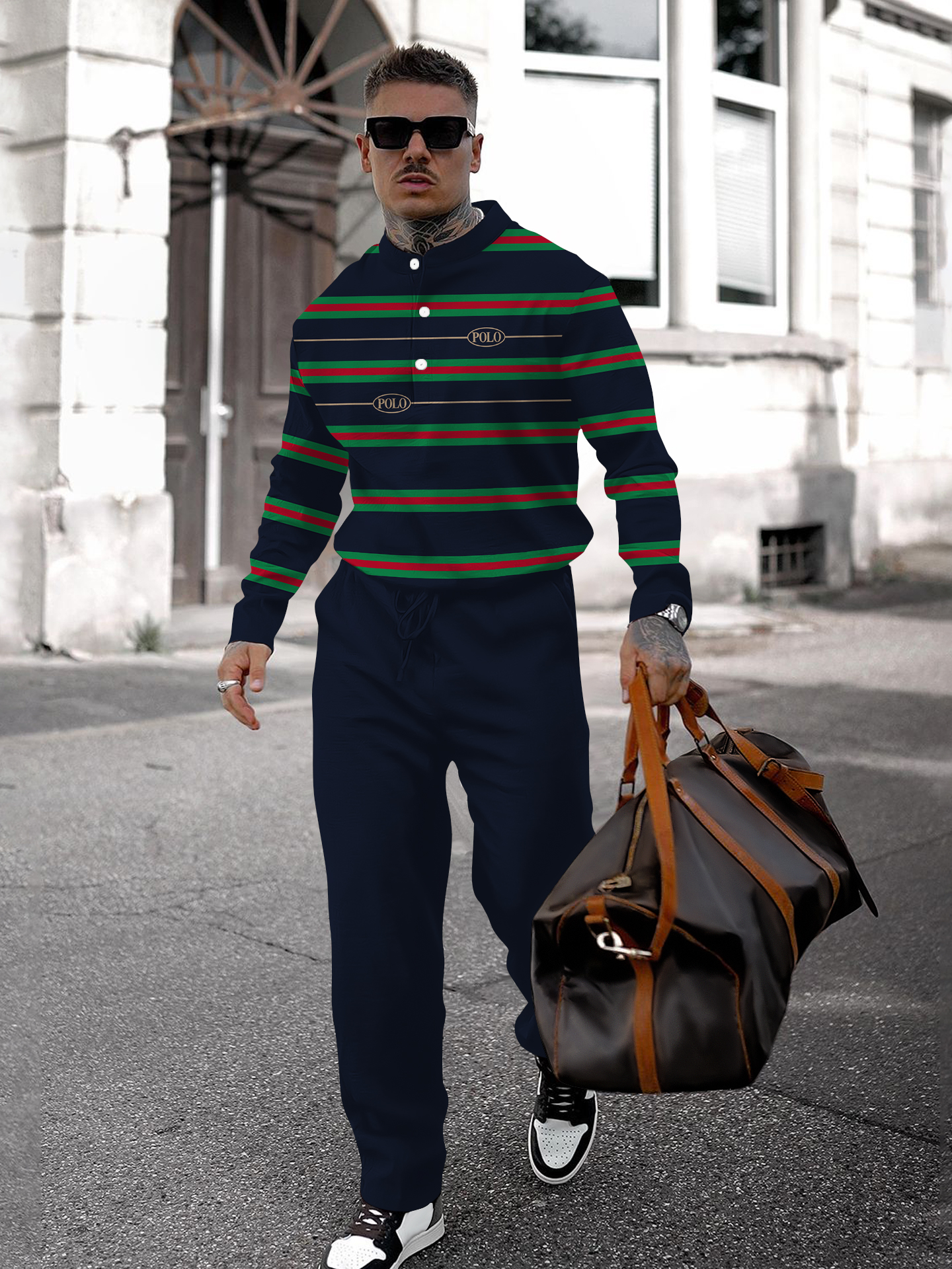 Men's fashion casual geometric print long sleeve two-piece set