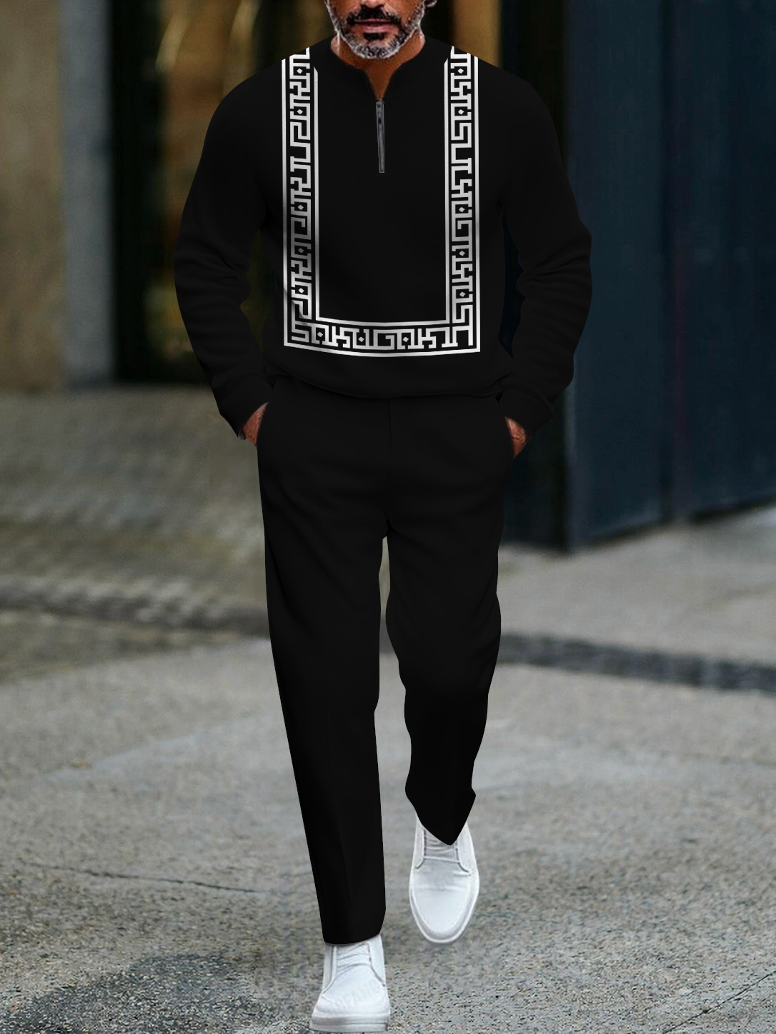 Men's fashion casual geometric print long sleeve zipper two-piece set