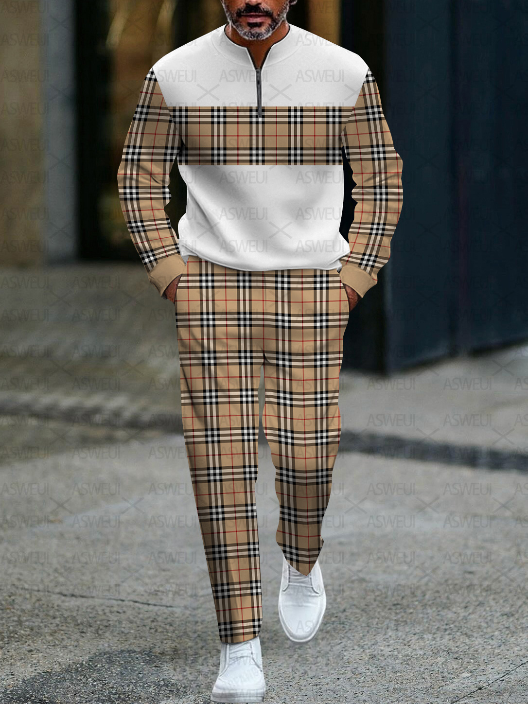 Men's fashionable casual business color-block round-neck zipper long-sleeve two-piece set