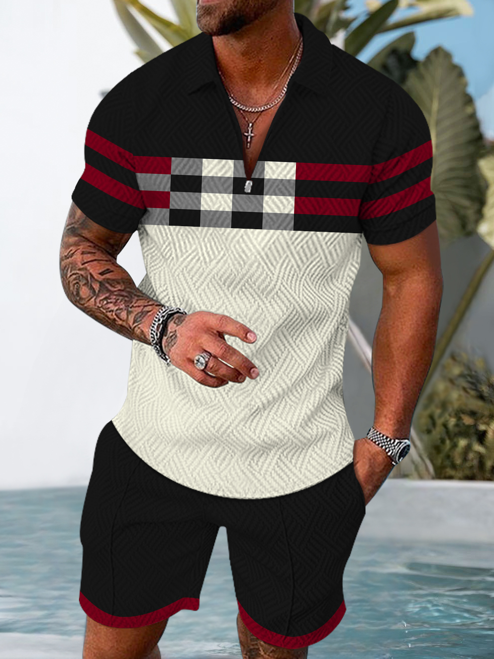 Men's fashion casual geometric print short sleeve polo two-piece set