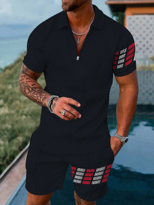 Men's fashion casual geometric print short sleeve polo two-piece set