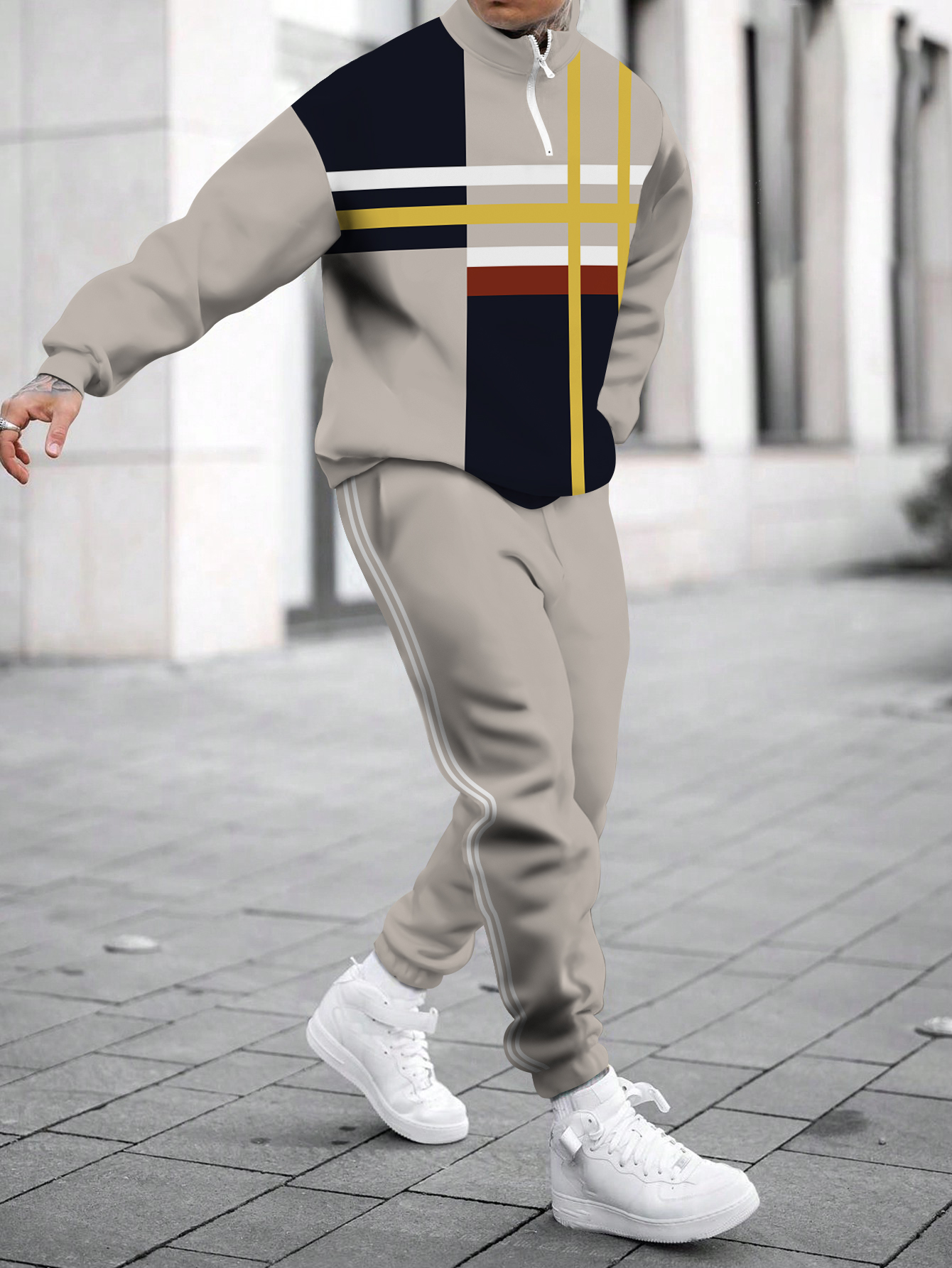 Men's fashion casual color match print long sleeve two piece set