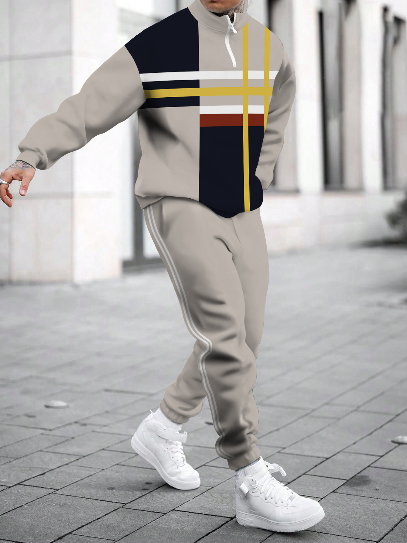 Men's fashion casual color match print long sleeve two piece set