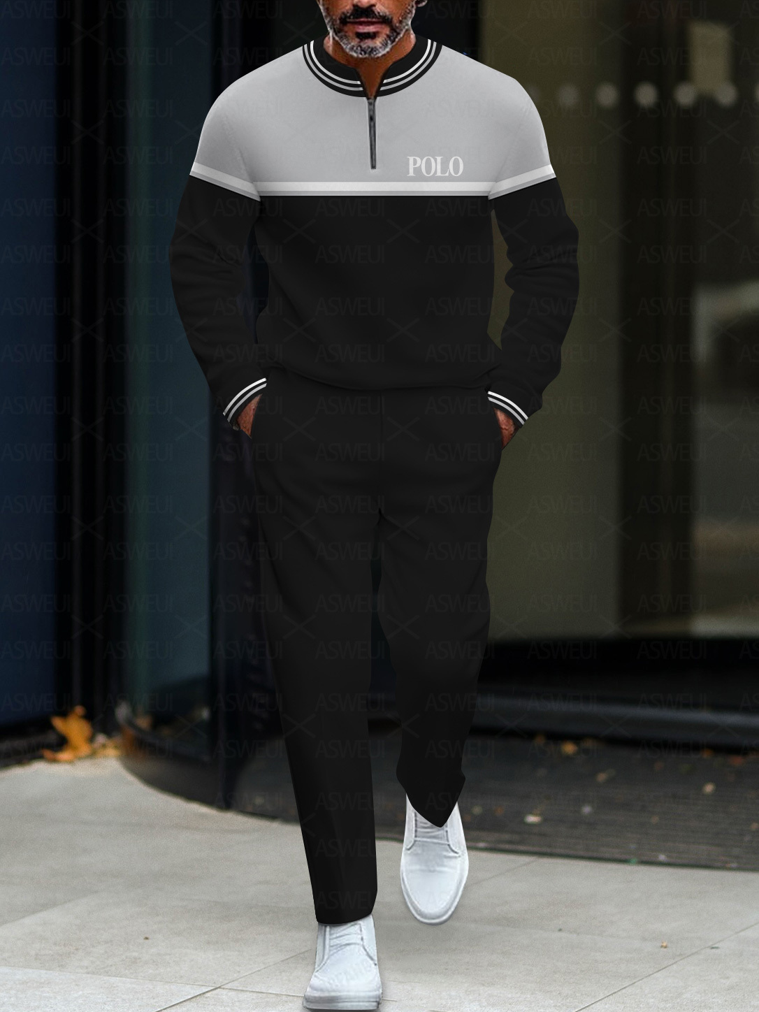 Men's fashion casual geometric print long sleeve zipper two-piece set