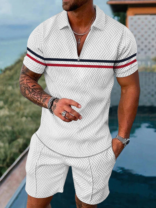 Men's fashion casual geometric print short sleeve polo two-piece set