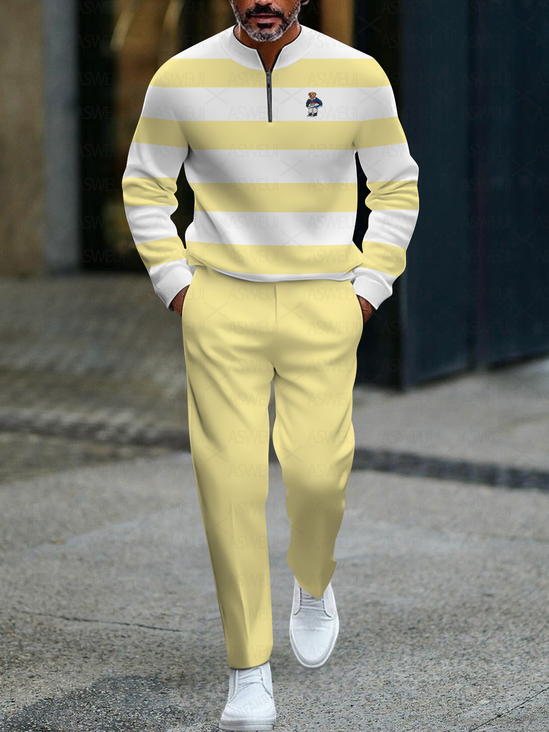 Men's fashionable casual business color-block round-neck zipper long-sleeve two-piece set