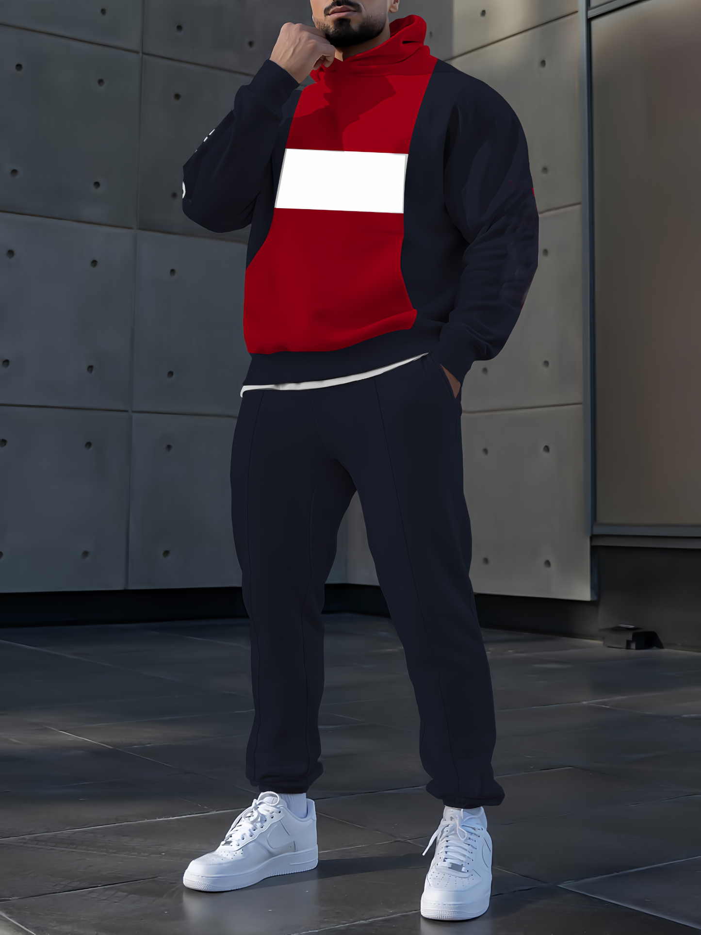 Men's fashion casual color matching polo printed hoodie two-piece set