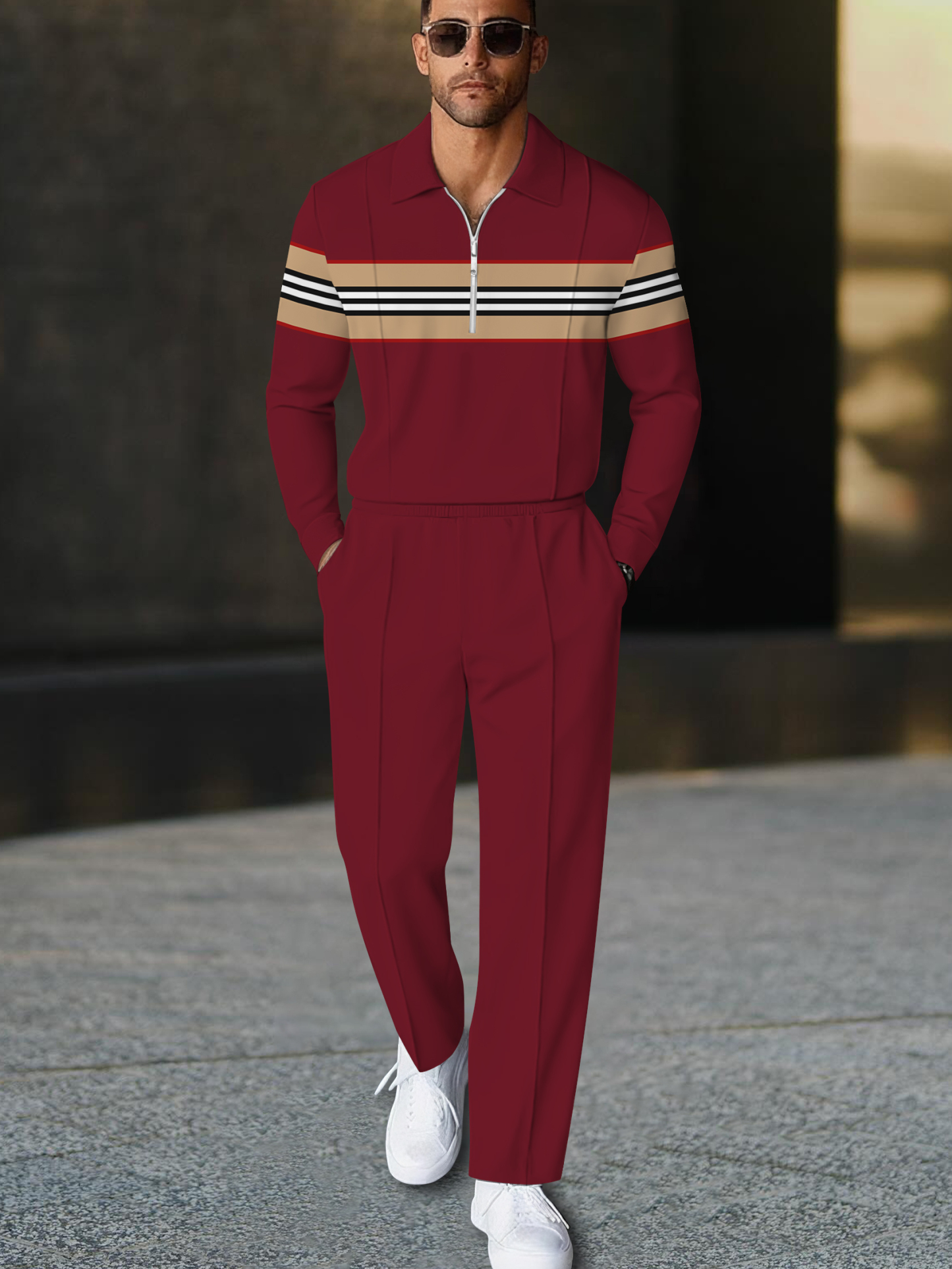 Men's fashion casual geometric print long sleeve zipper polo two-piece set