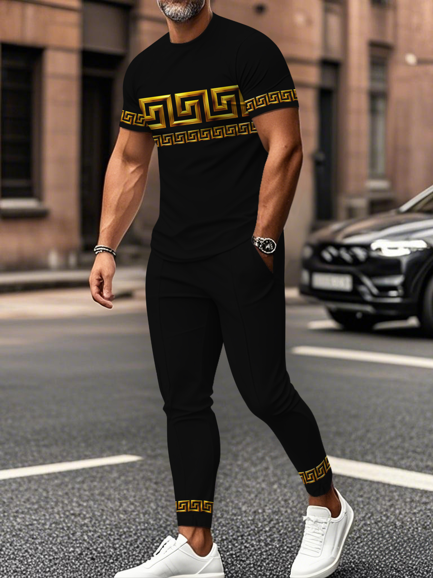 Men's fashion casual color matching striped printed short sleeved trousers two-piece set