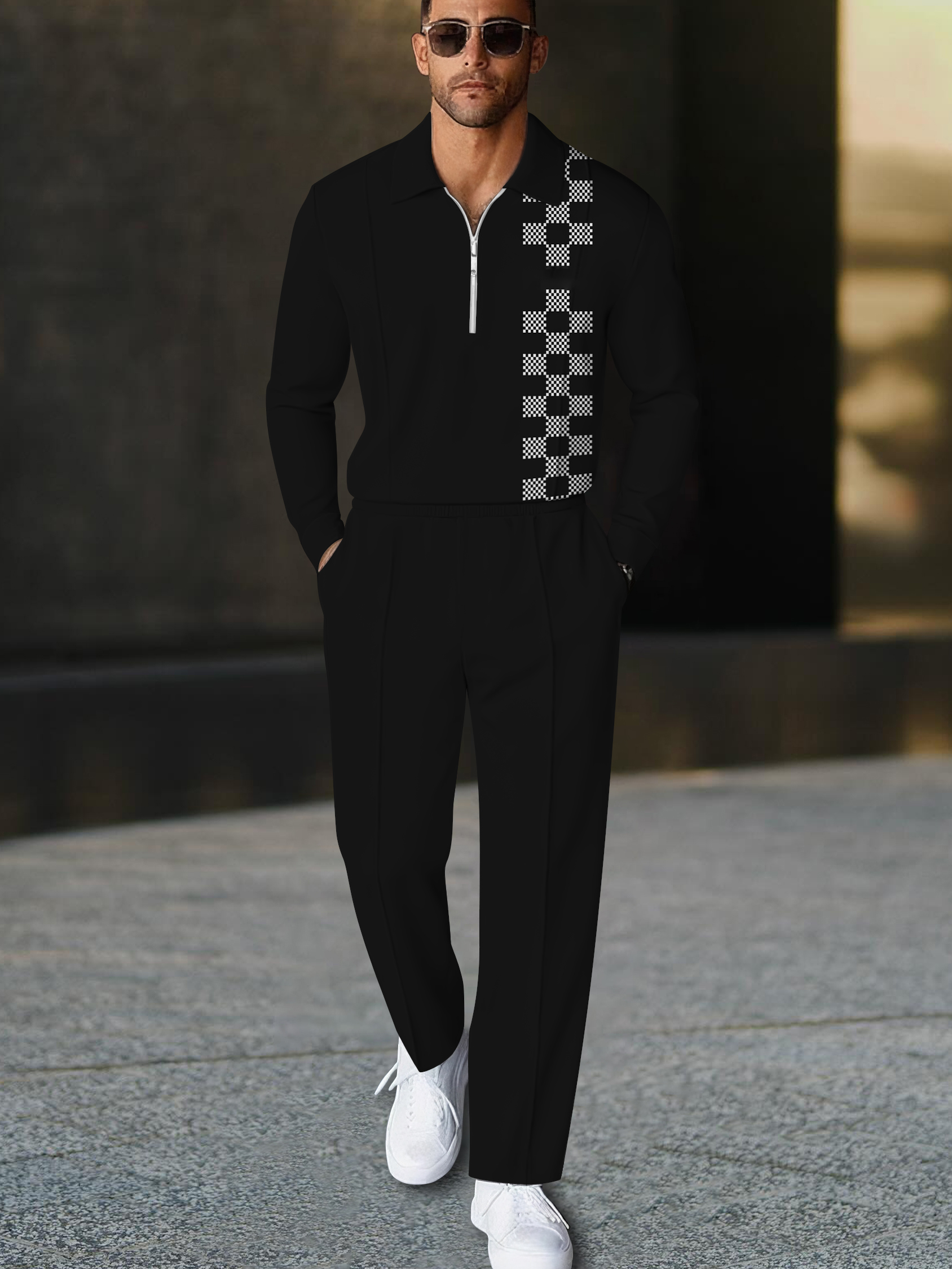 Men's fashion casual geometric print long sleeve zipper polo two-piece