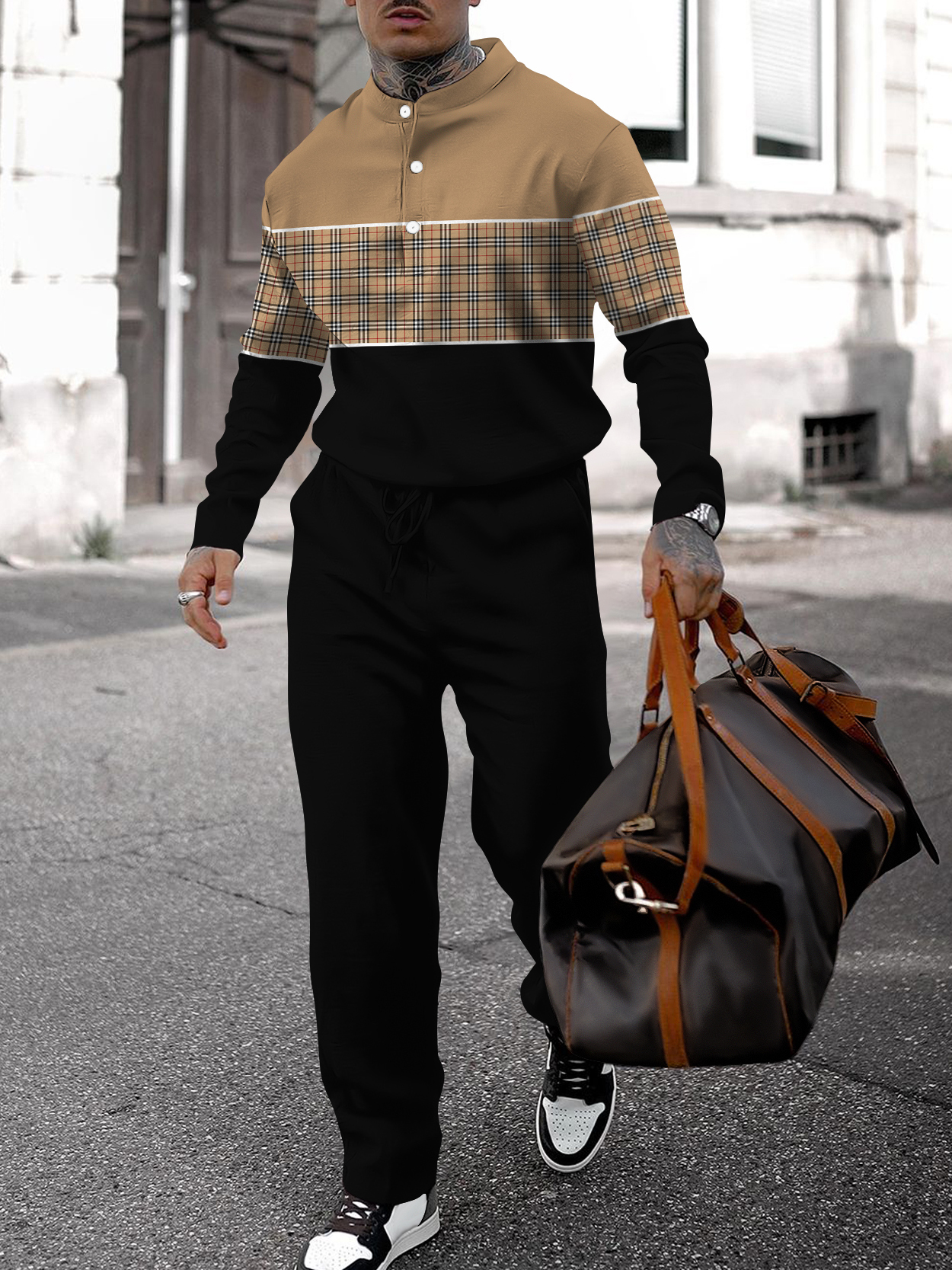 Men's fashion casual geometric print long sleeve two-piece set