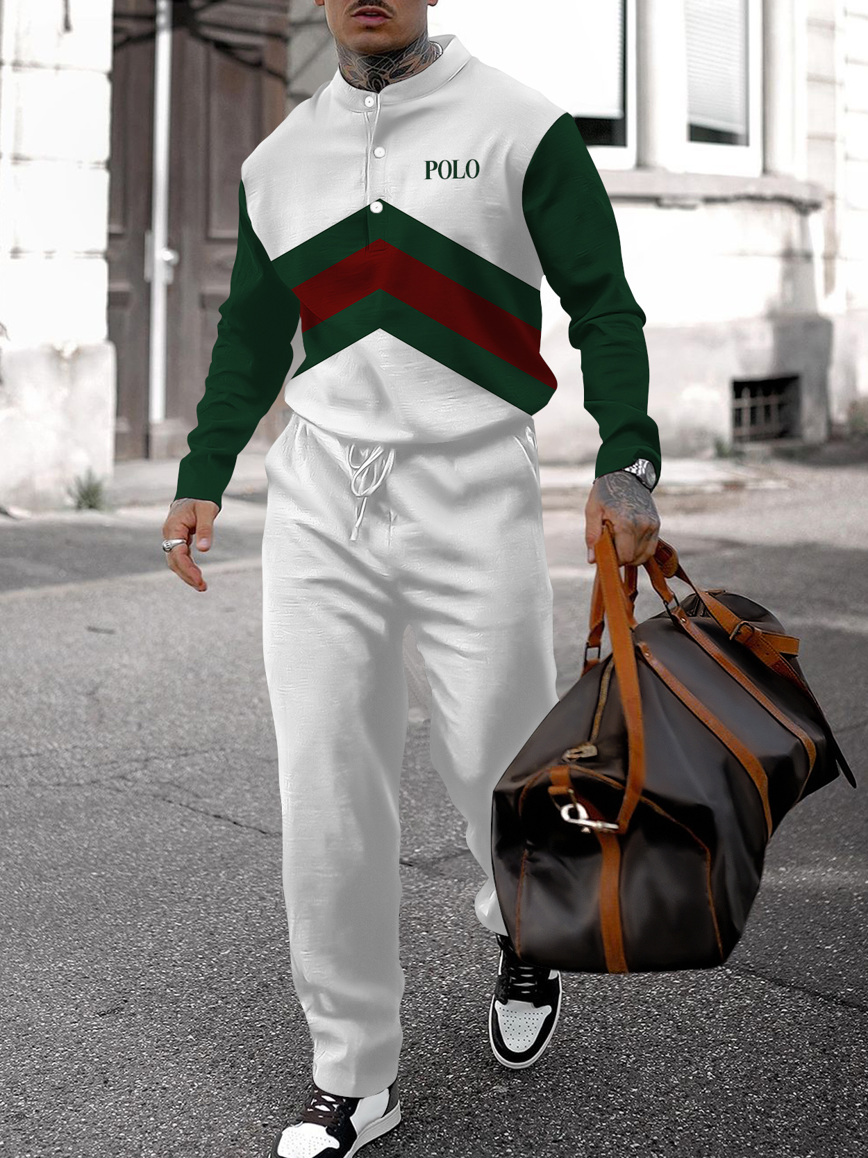 Men's fashion casual geometric print long sleeve two-piece set