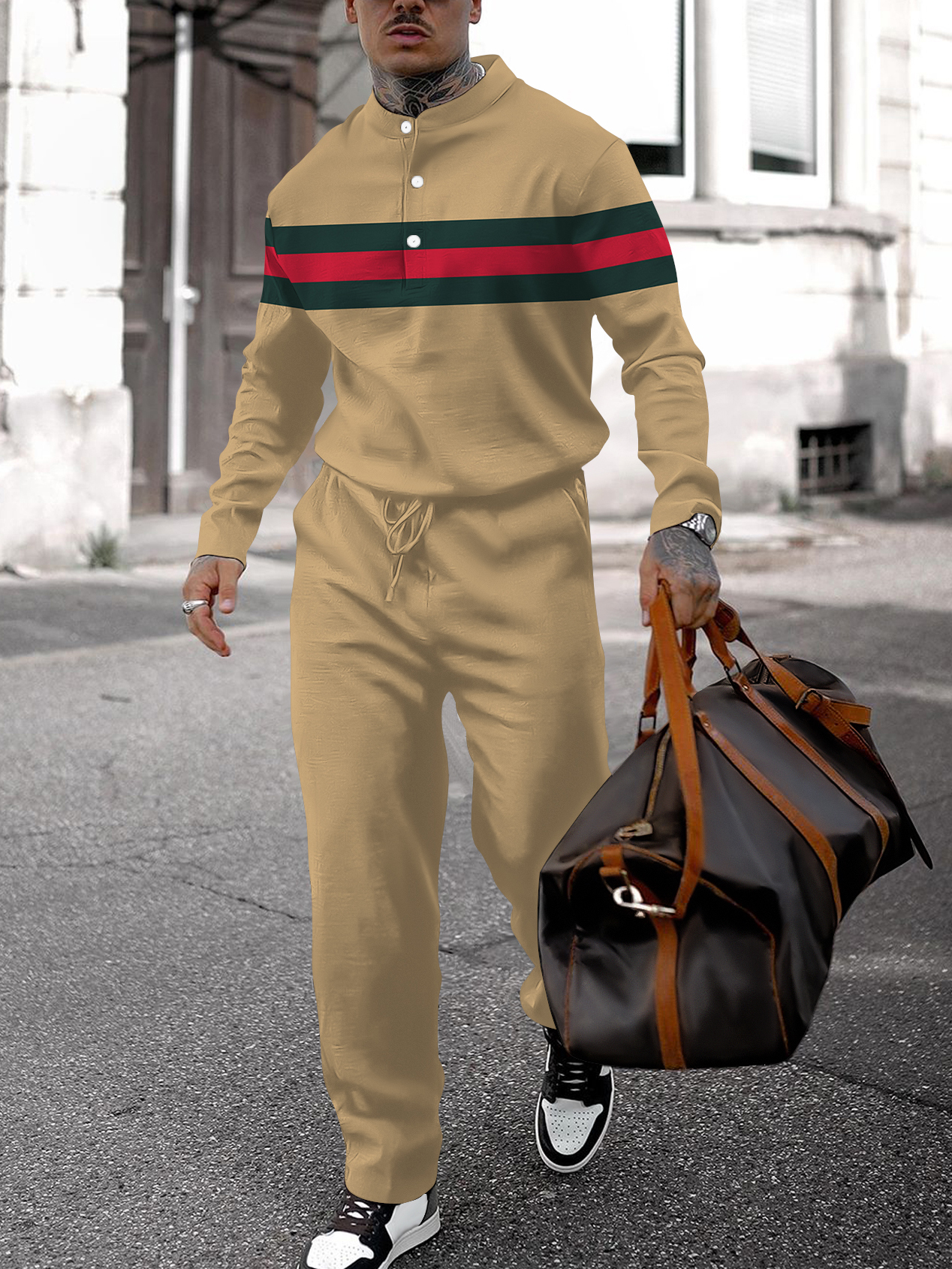 Men's fashion casual geometric print long sleeve two-piece set