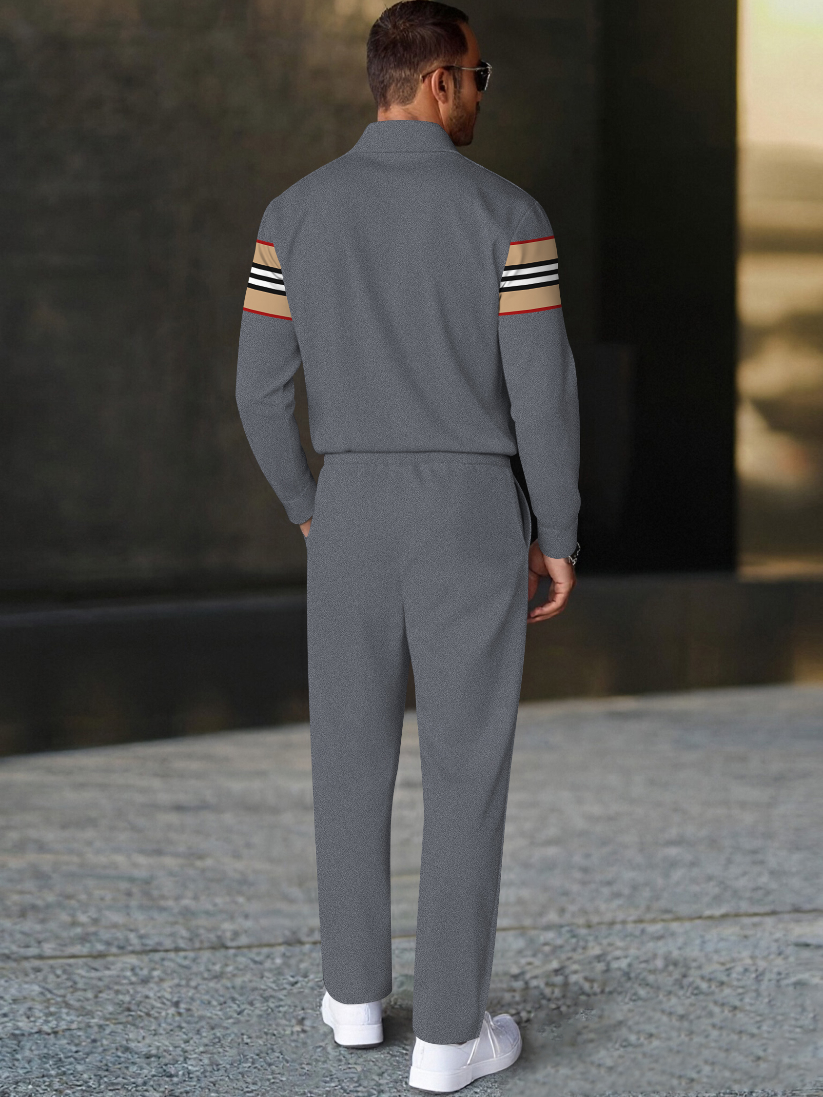 Men's fashion casual geometric print long sleeve zipper polo two-piece set