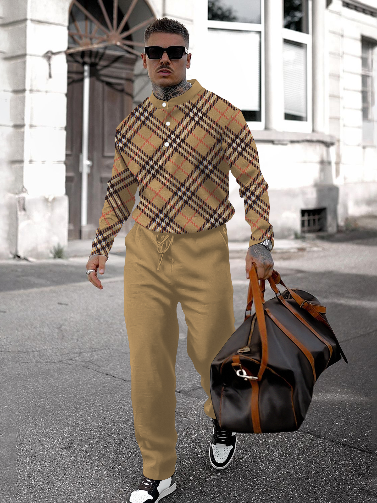 Men's fashion casual geometric print long sleeve two-piece set