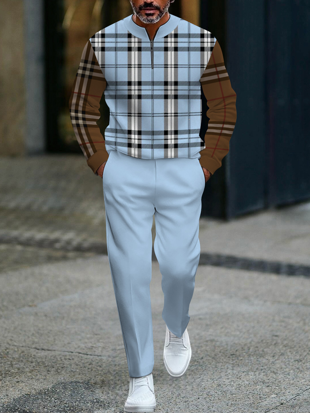 Men's fashion casual geometric print long sleeve zipper two-piece set