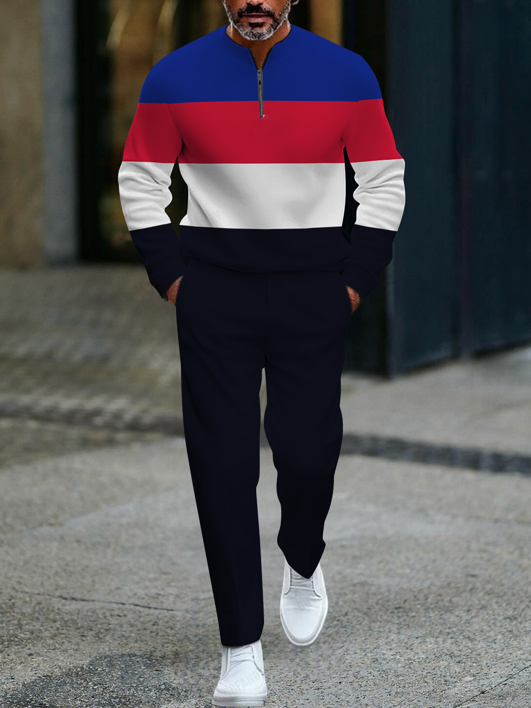 Men's fashion casual geometric print long sleeve zipper two-piece set