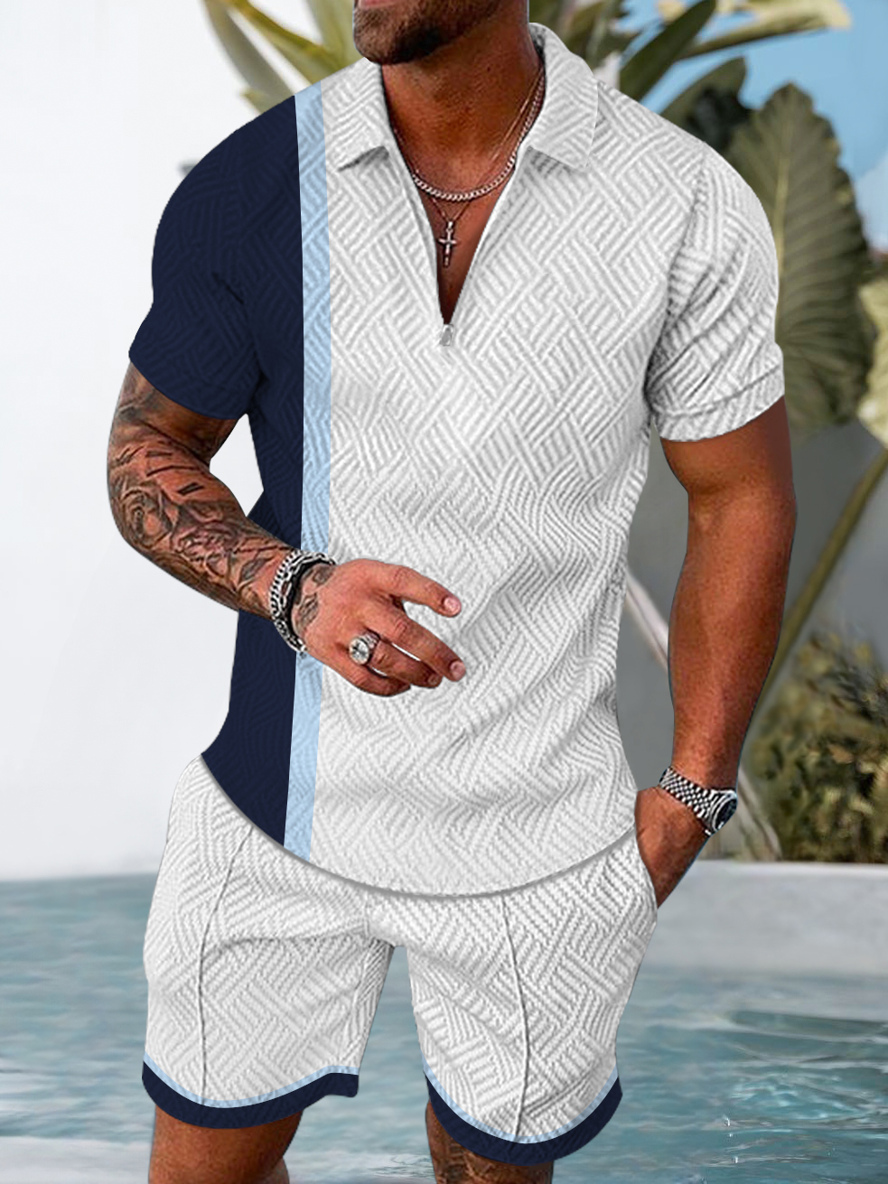 Men's fashion casual geometric print short sleeve polo two-piece set