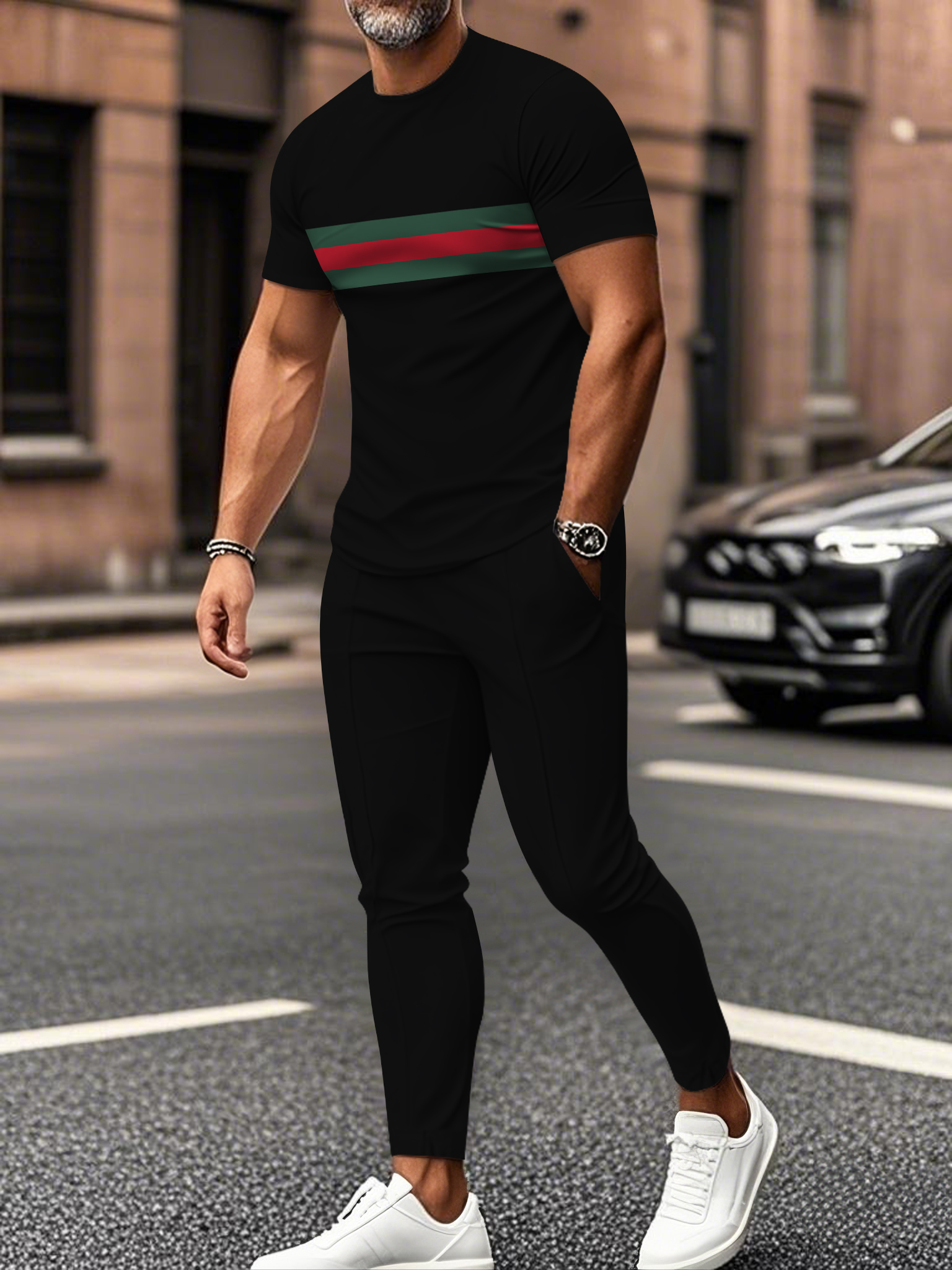 Men's fashion casual color matching striped printed short sleeved trousers two-piece set